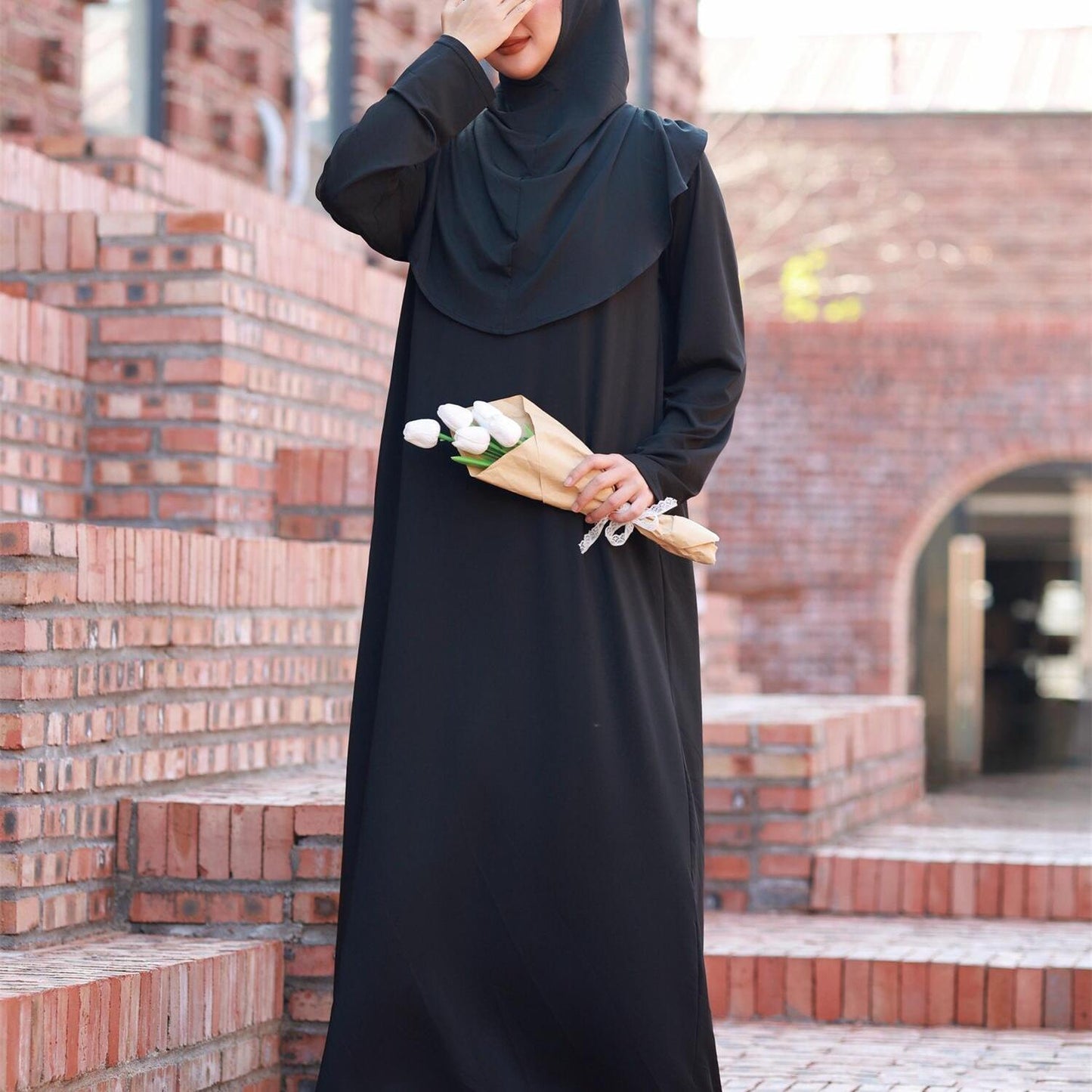 Elegant Black Muslim Arabic Abaya Kaftan - Modest Prayer Dress with Long Sleeves & Floor-Length Coverage, Middle Eastern-Inspired Stretchy Fabric, Machine Washable for Ramadan
