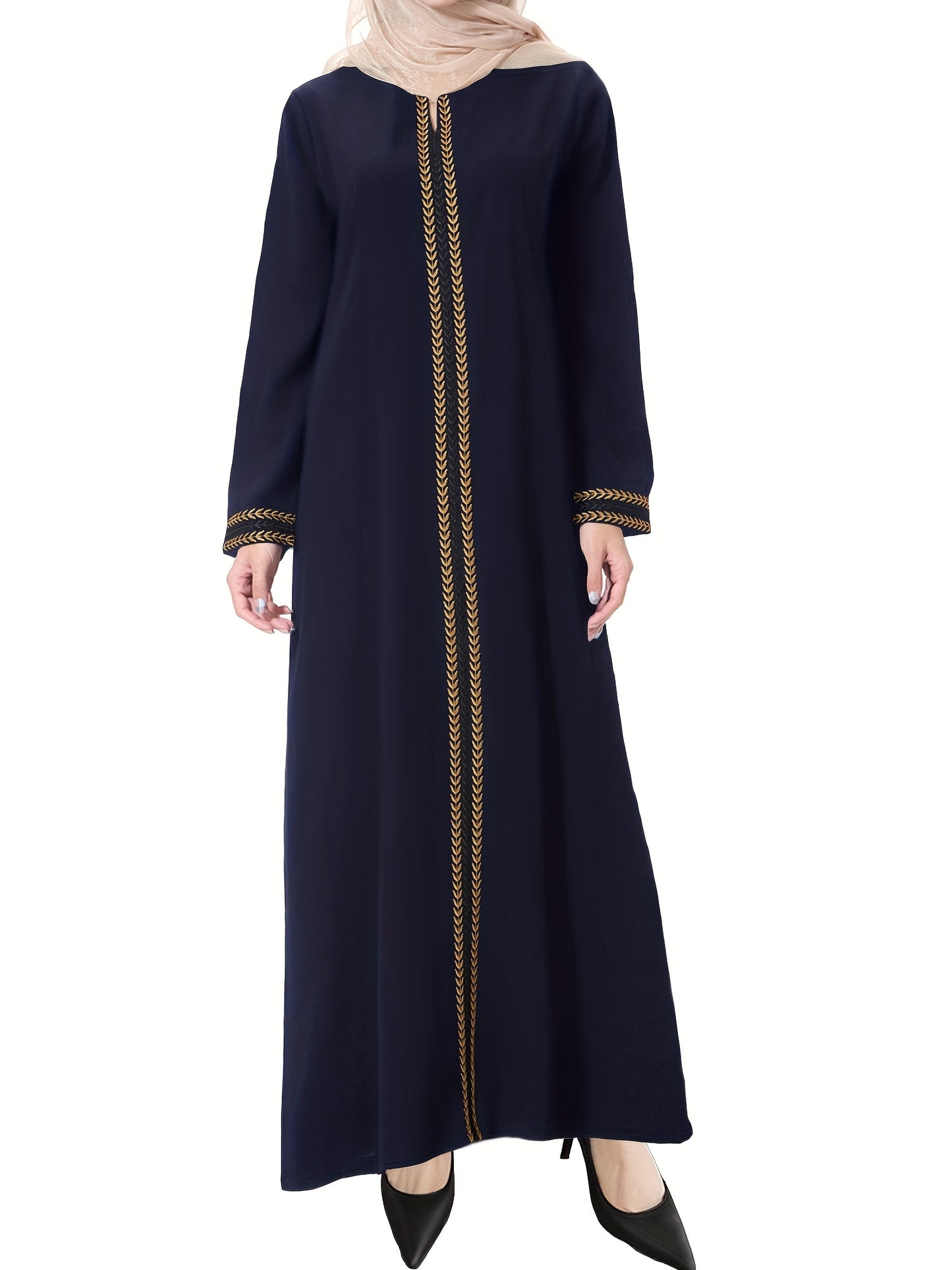 Navy Blue Muslim Kaftan Dress | Elegant Jibab Abaya, Golden Embroidery, Sleeve, Loose Fit, Maxi Length, Hijab-Friendly Design, All-Season Wear