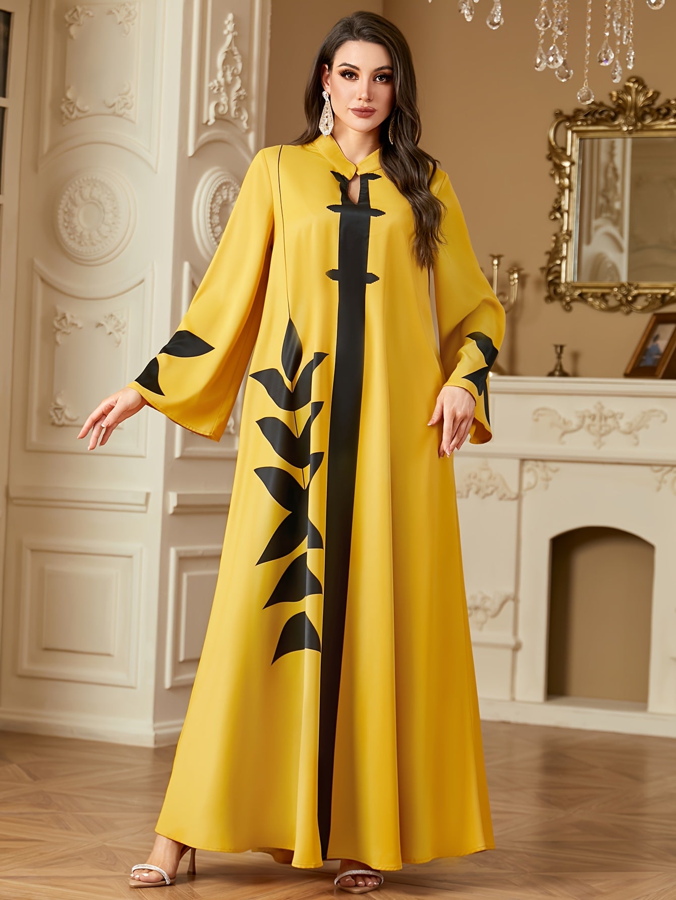 Stylish Elegant Tribal Print | Long Sleeve Baju Abaya | 100% Polyester, Non-Stretch Woven Fabric, Regular Sleeve, All Season, A-Fit, 120g/m², Versatile