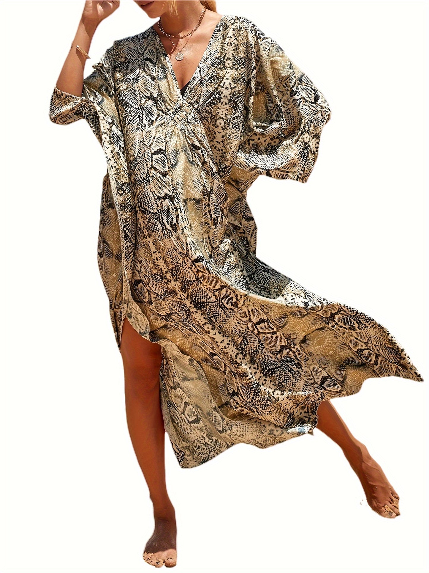 Women's Plus Size Viscose Kaftan Bikini Cover Up Dress - Casual V-Neck Long Sleeve Beach Sun Protection Smock with Random Print Design for Summer Outings, Casual Wear | Patterned Kaftan | Viscose Fabric