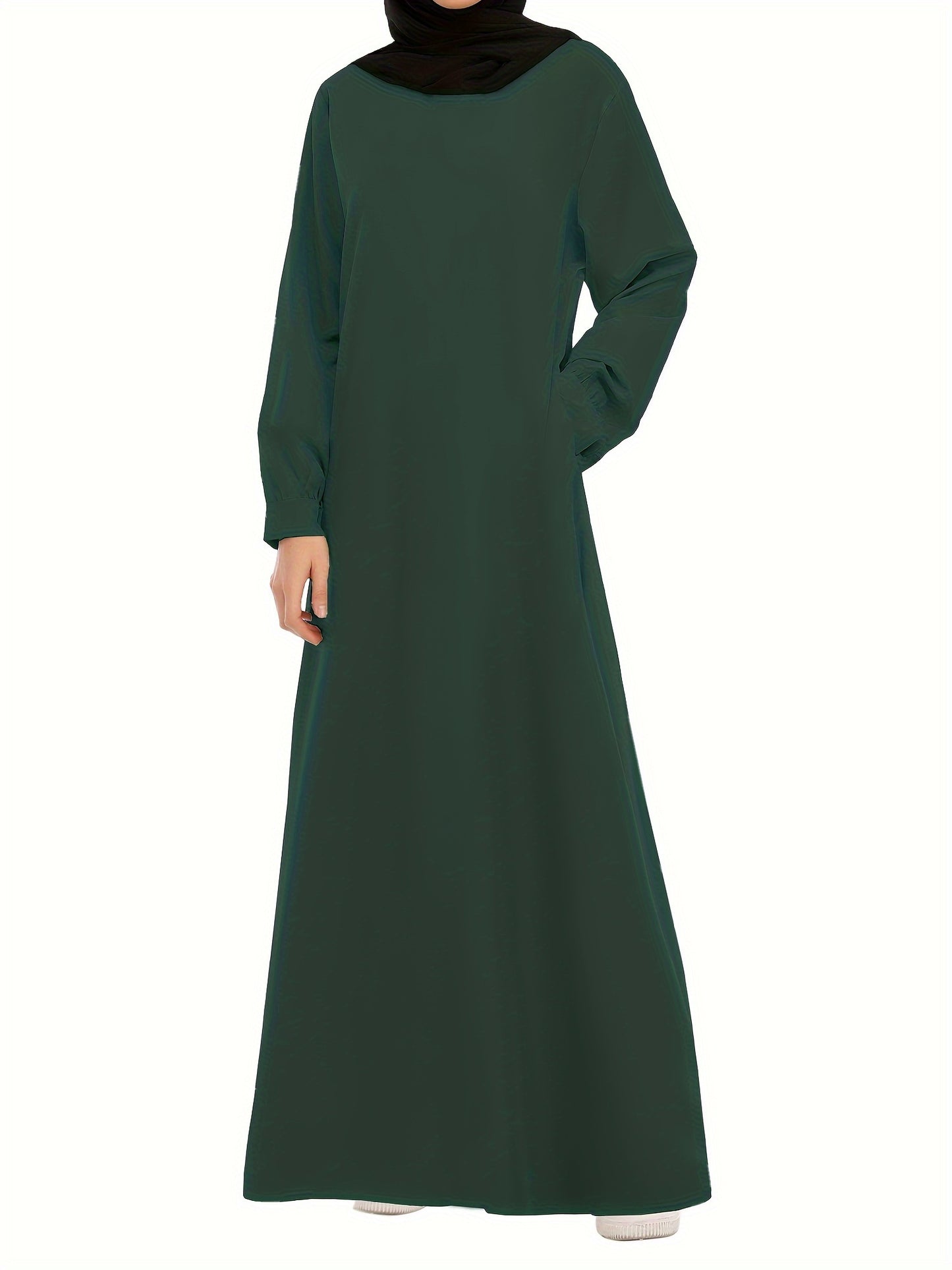 Ramadan Crew Neck Long Sleeve Modest Arabic Abaya, Solid Color Zipper Maxi Length Dress, Women's Clothing
