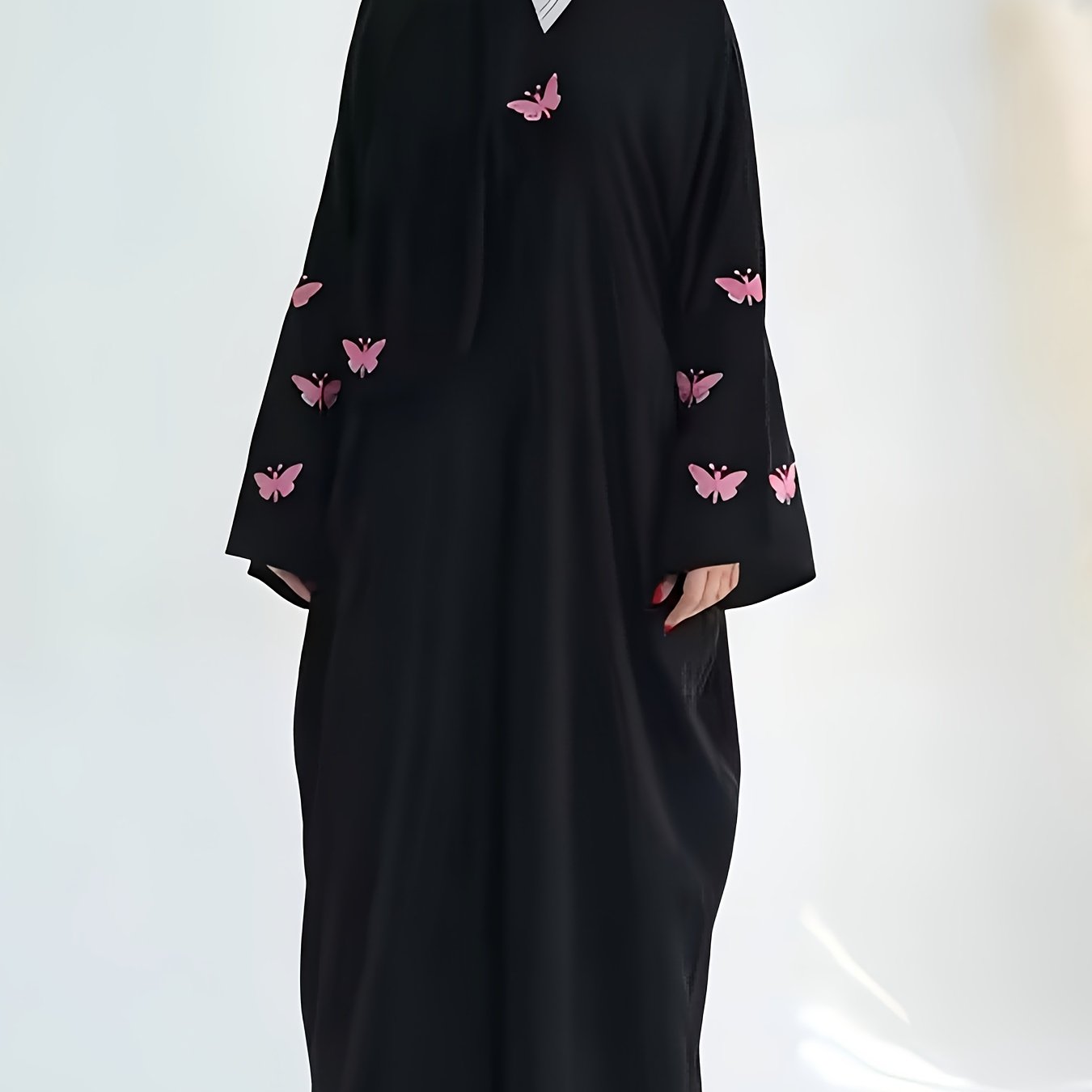 Oriental Women's Elegant Solid Color Embroidered Butterfly Batwing Sleeve Abaya, Saudi Dubai Loose Fit Black Satin Open Front Bathrobe, Casual Long Robe Dress 1pc Outerwear for Daily Wear and Festivals