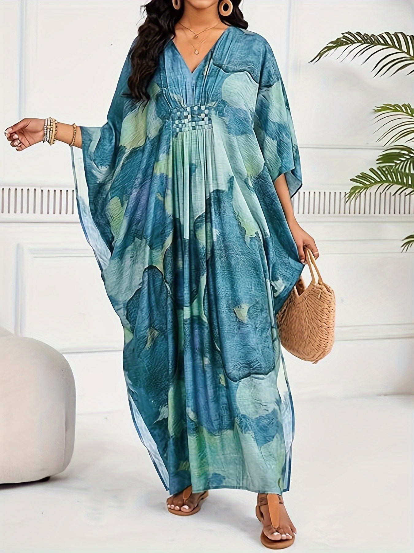 Plus Size - Plus Size Kaftan Dresses For Women V Neck Swimsuit Coverup Floral Print Kaftan Maxi Beach Dress Brown
