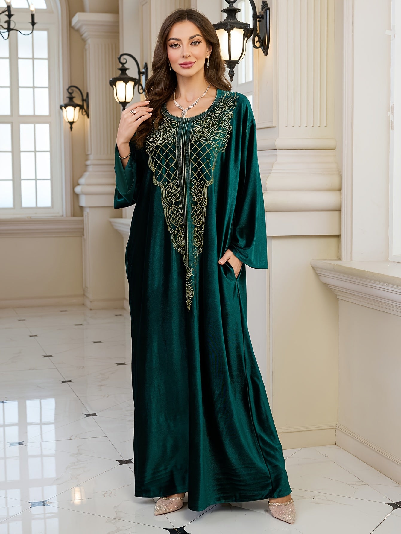 Plus Size - FY Ladies Elegant Embroidery Velvet Long Gown Loose Arabic Abaya Large Size Leisure Resort Beach Jacket Bikini Outerwear Cover-up