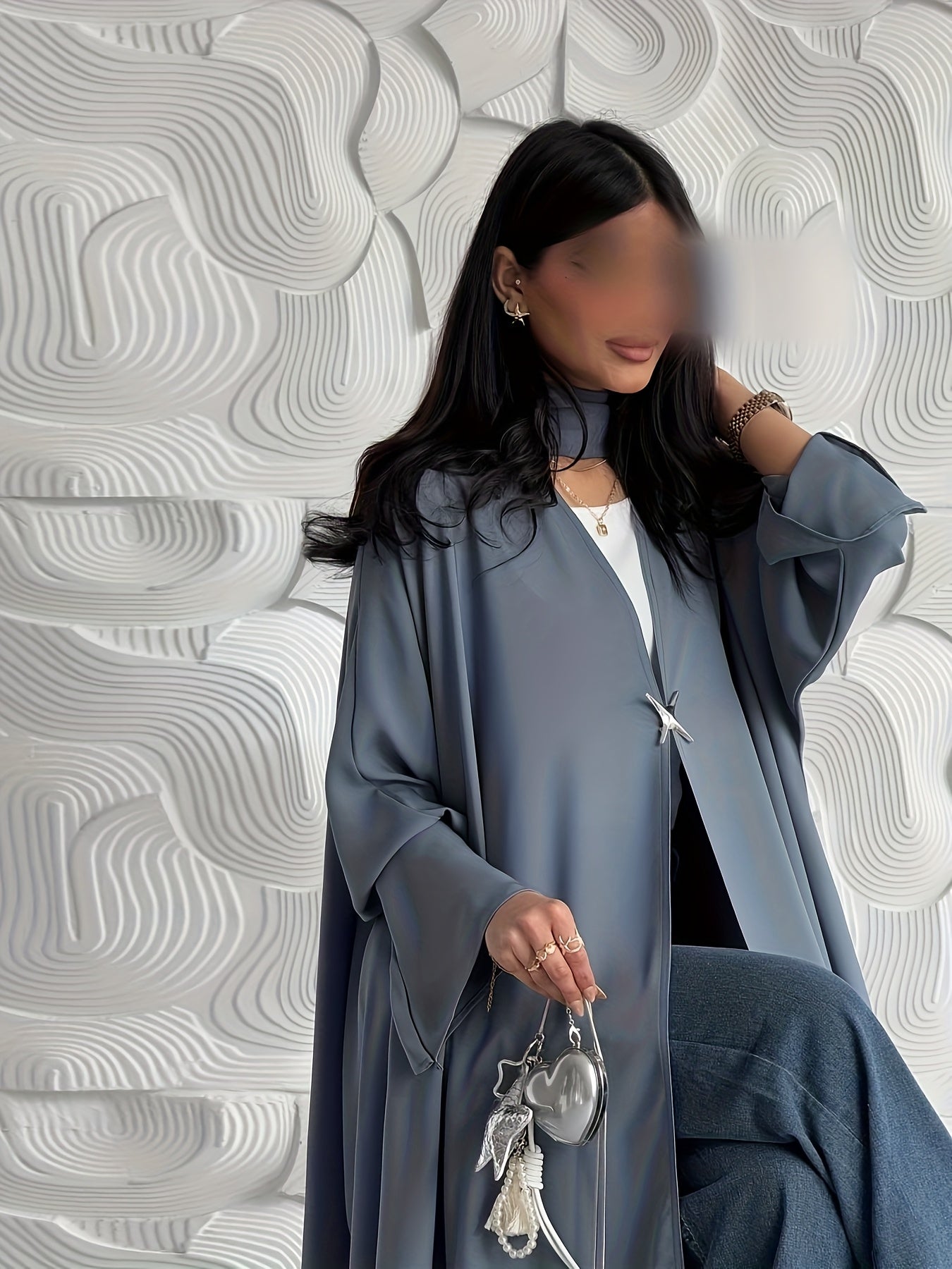 1pc Women's Muslim Fashion Drape Satin Open Cardigan, Casual Fine Fabric, Elegant Craftsmanship, Sophisticated Texture, Stylish and Generous Long Abaya Robe