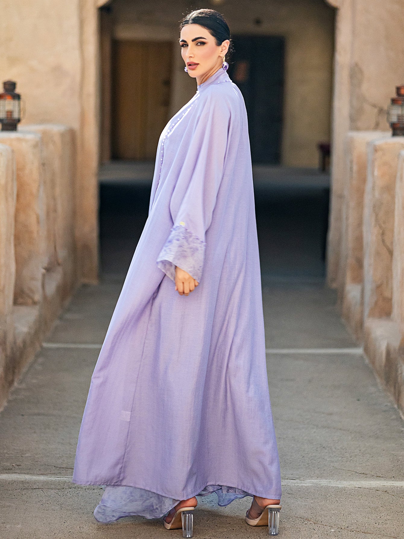 1pc Outerwear, Modern Lavender Abaya with Sparkling Rhinestone Embellishments – Lightweight and Elegant Design (Inner Wear Not Included)