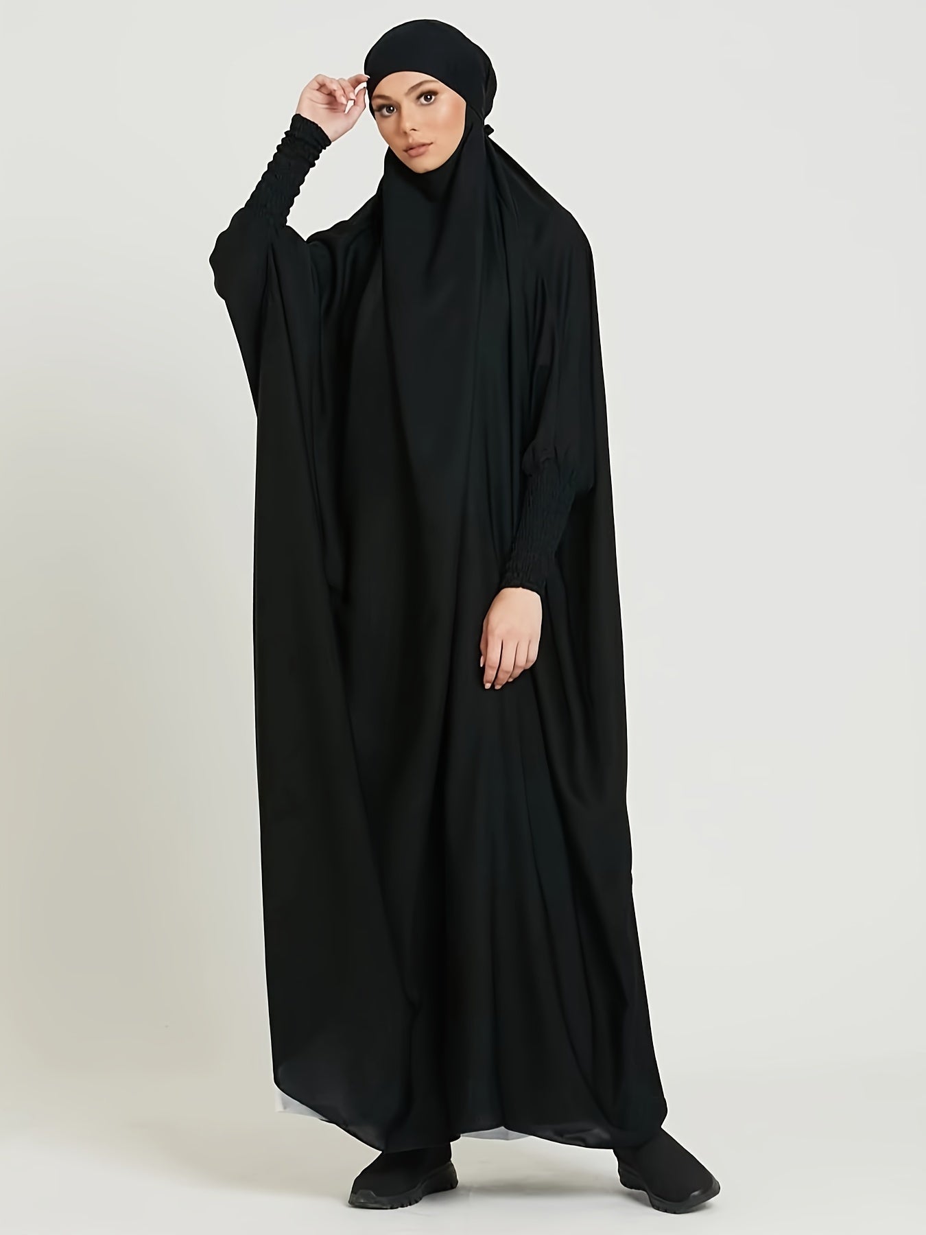 Long Sleeve Solid Color Jibab Abaya - Women's Traditional Arabian Polyester Robe with Tie Back, 95% Polyester 5% Elastane, 135g/m² - Muslim Nida Hijab Dress