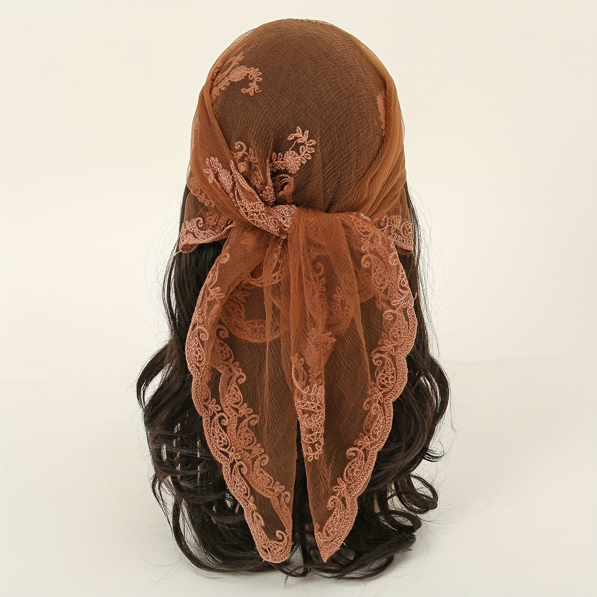 Thin Gauze Paisley Embroidery Elegant Square Scarf | Casual Rusty Brown Head Wrap