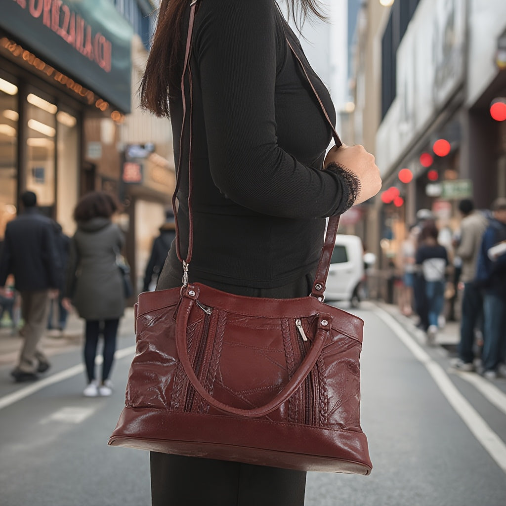 Vintage Zipper Tote Bag, Soft Genuine Leather Large Capacity Crossbody Bag, Women's Multifunction Trend Casual Fashion Shoulder Bag, Trend Handbag