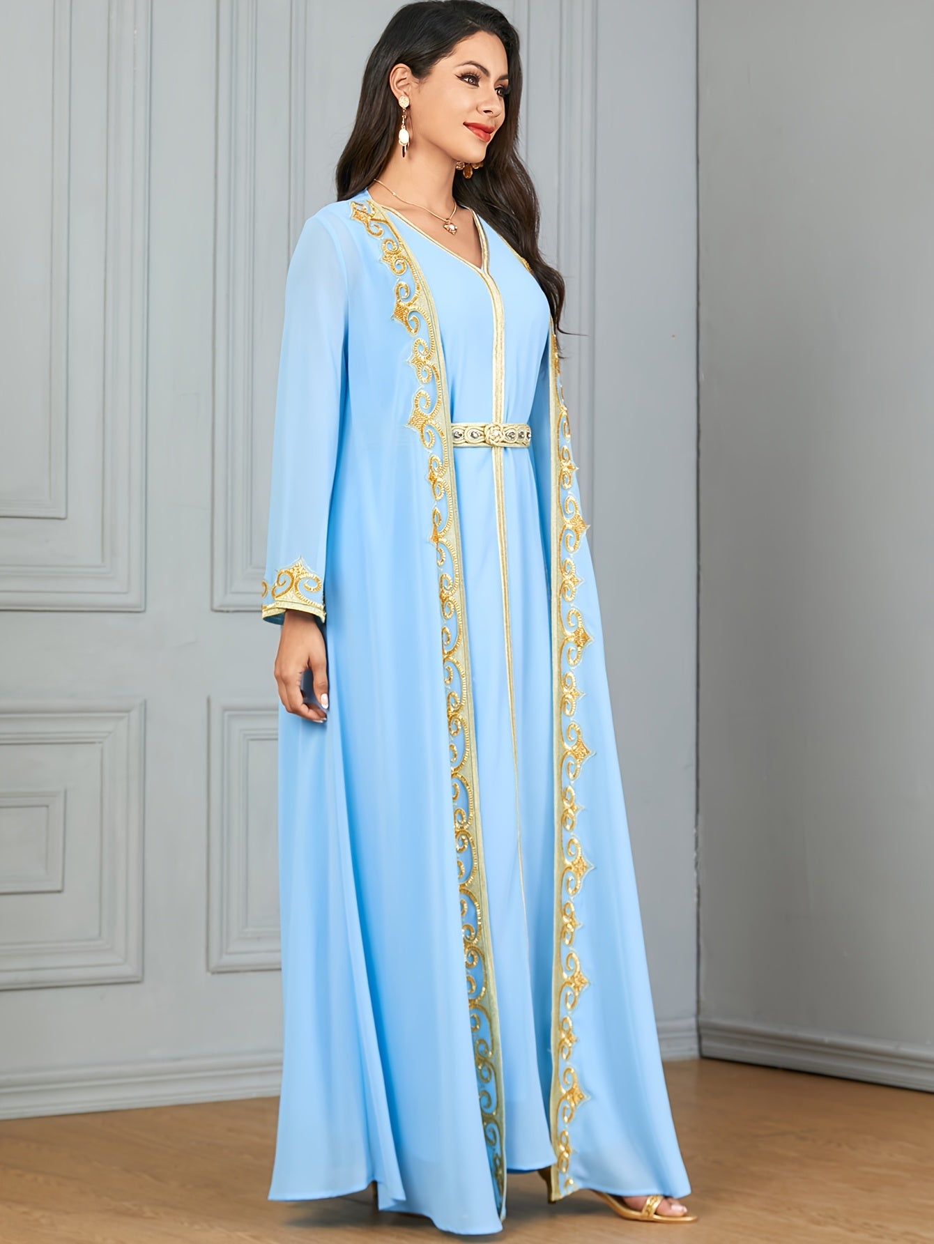 New Middle Eastern Emirati Abaya Dress + Cardigan Lace Embroidery Long Sleeve Two-Piece Robe Dress