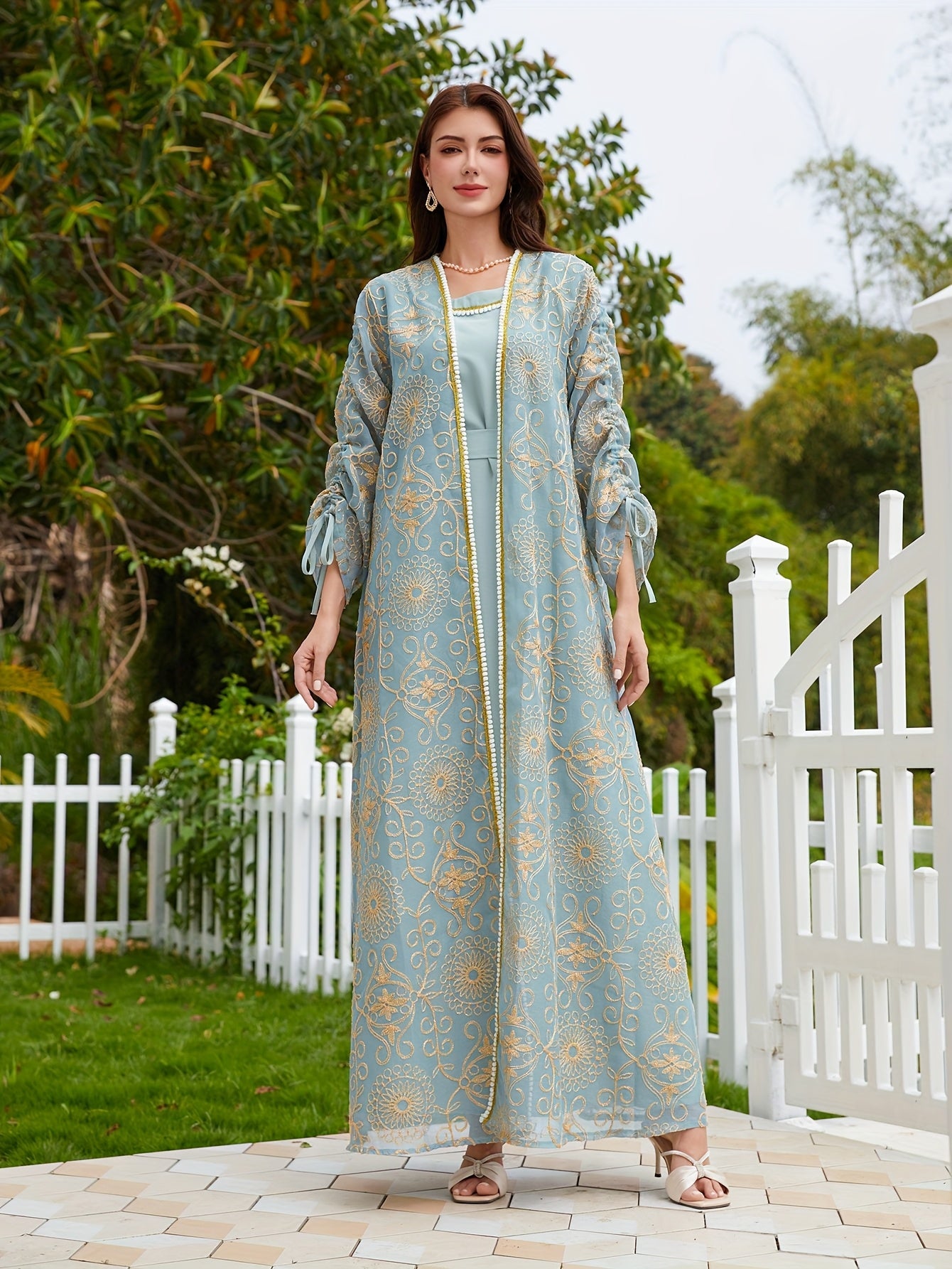2pcs embroidered gray-blue Turkish elegant festive abaya set