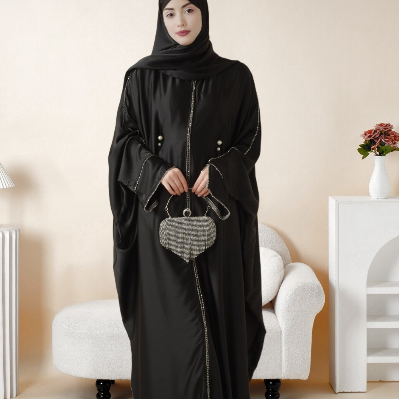 Batwing Emirati Abaya with Matching Hijab | Batwing Sleeve Abaya – Elegant Middle Eastern Arab, Islamic Style Shawl Robe Dress for Women, Long Skirt, Ramadan Prayer Outfit