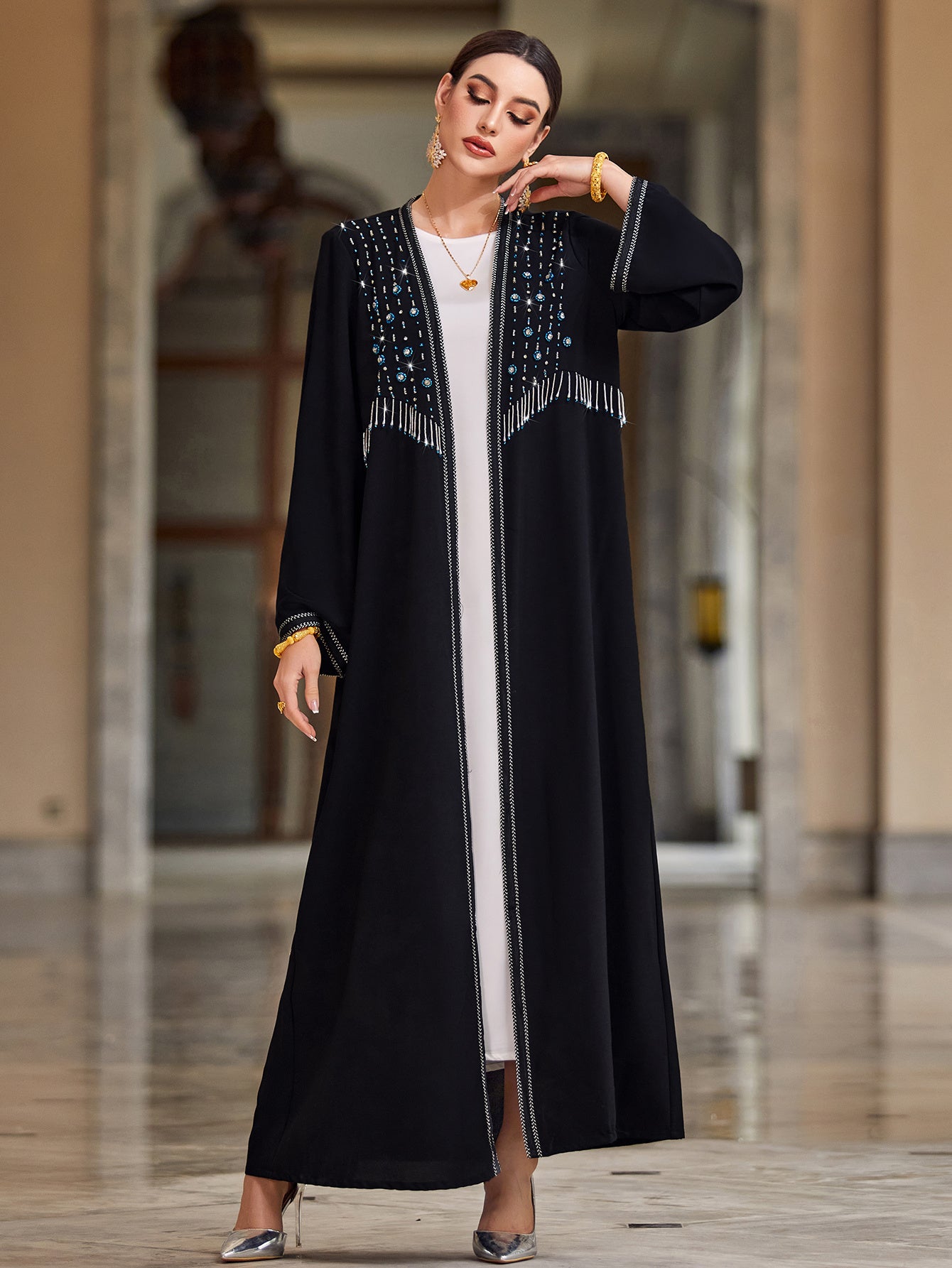 Elegant Black Rhinestone Embellished Maxi Dress for Women - Sleeveless, Open Front Abaya, High-Low Hem, Stretchy Polyester Blend, Perfect for Casual Family Gatherings & Formal Events
