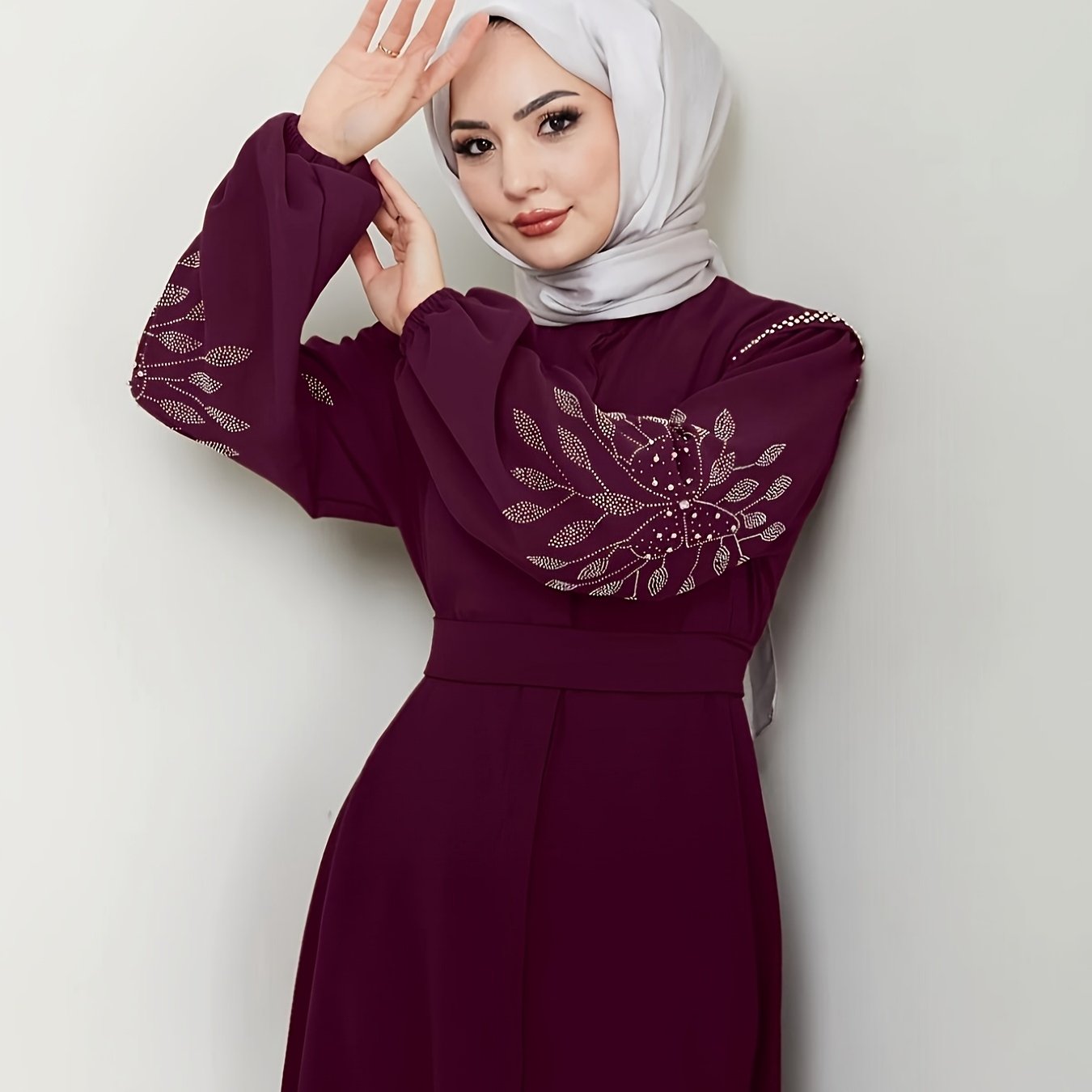 Elegant Middle Eastern-Inspired Rhinestone & Pearl Embellished Long Palestinian Abaya Dress - 100% Polyester Solid Black Floor-Length with Belt, Hand Wash Only for Modest Women