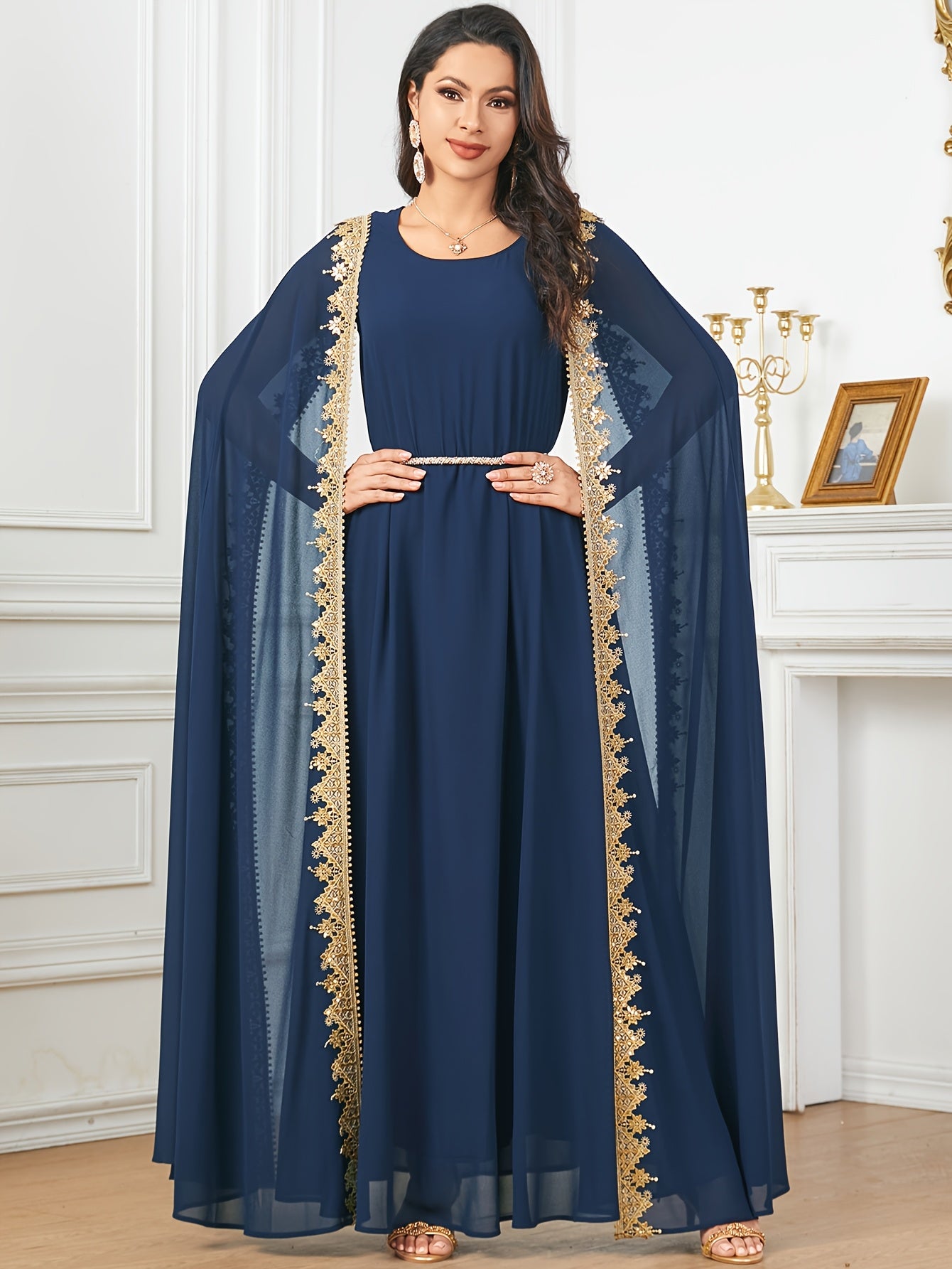 Middle Eastern-Inspired Emerald Green Sequin-Trimmed Lace Embroidery Robe Modern Abaya - Long Sleeve A-Line Gown with Golden Accents, Machine Washable Formal & Casual Wear