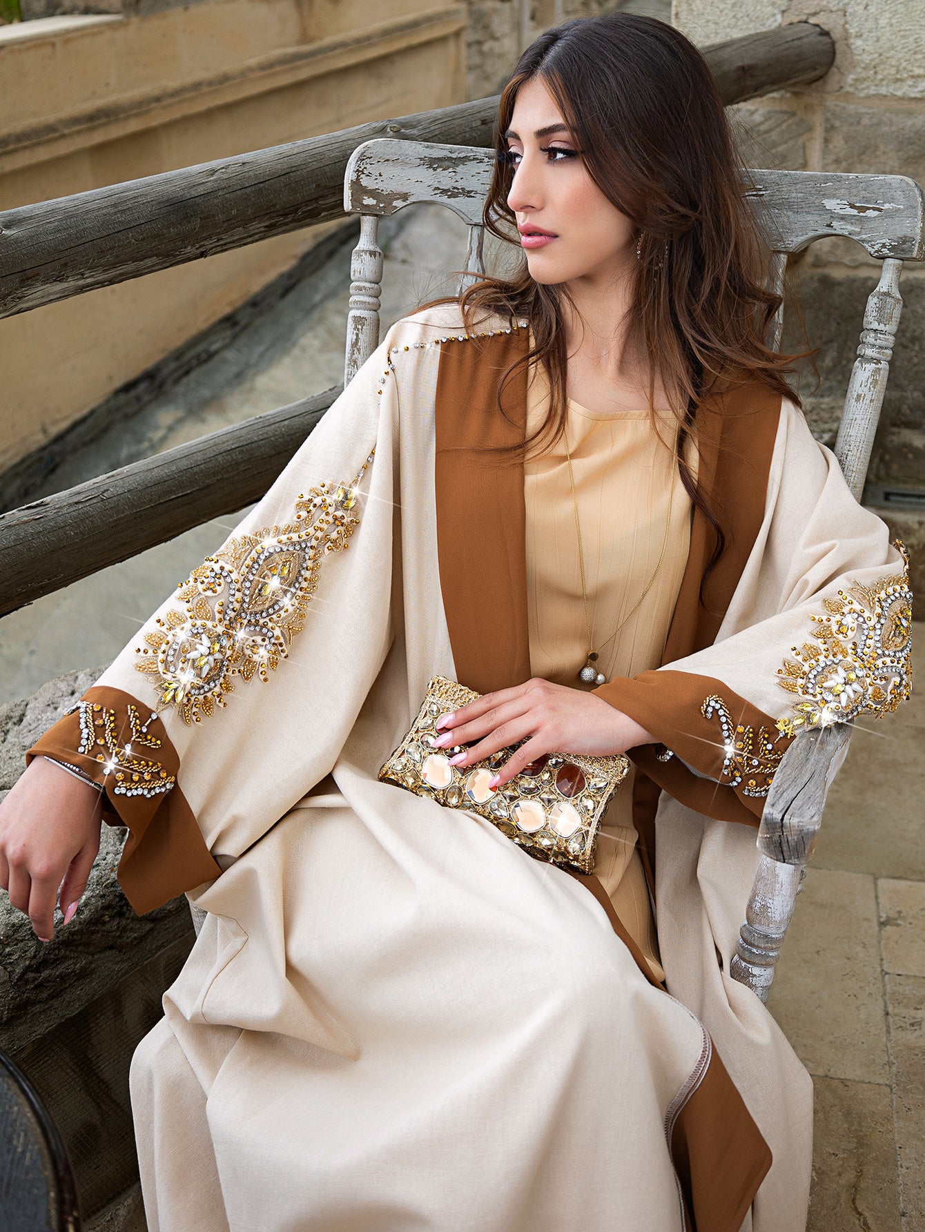 Arabian Kimono Abaya Kaftan - Elegant Beige Long Sleeve Batwing Robe with Hand-Sewn Rhinestone Embellishments, Floor-Length Traditional Cover Dress for Women, Parties