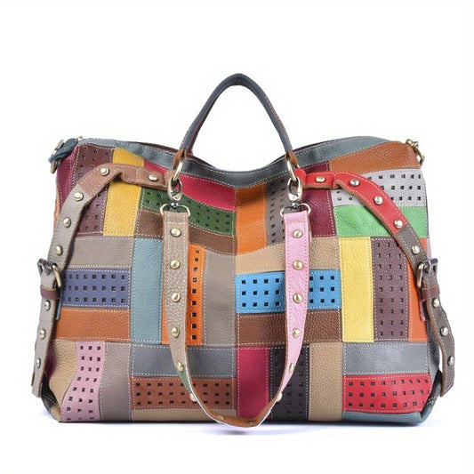 Genuine Leather Women's Tote Bag - Geometric Color Block Design, Large Capacity Crossbody Shoulder Messenger Bag