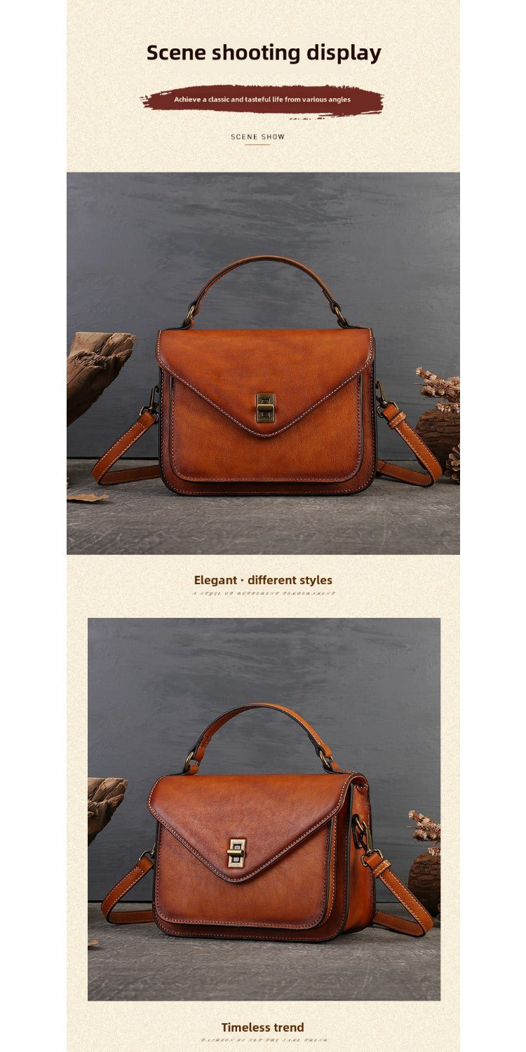 Women's Genuine Leather Retro Messenger Bag - Adjustable Crossbody & Shoulder Strap, Snap Closure, Durable Oil-Edged Trim