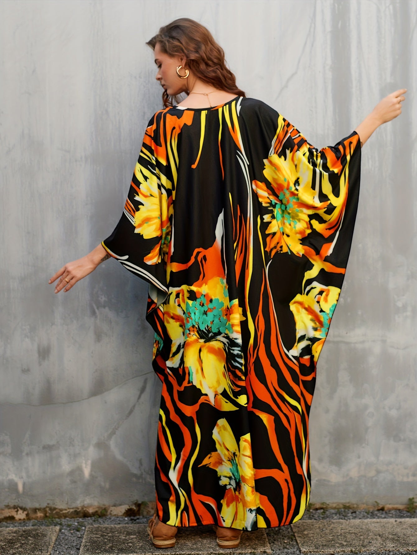 Women's Long Beach Cover Up With Floral Print Kaftan Deep V-neck Casual Vacation Bikini Swimsuit Cover Up