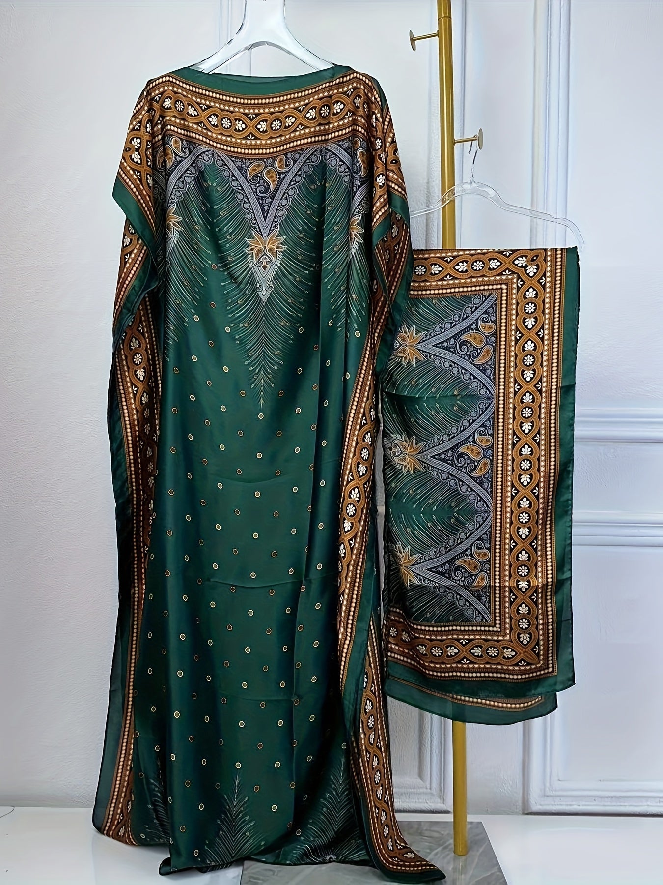 Print Abaya | Women's Clothing | Elegant Short Batwing Sleeve Kaftan | Loose Dress With Scarf | For Spring & Summer