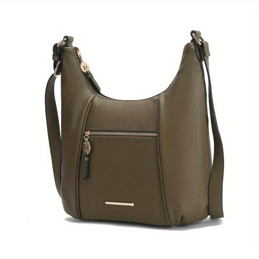 Vegan Genuine Leather Shoulder Bag - Olive Green Women's Crossbody Bag with Adjustable Strap, Multiple Zip Pockets