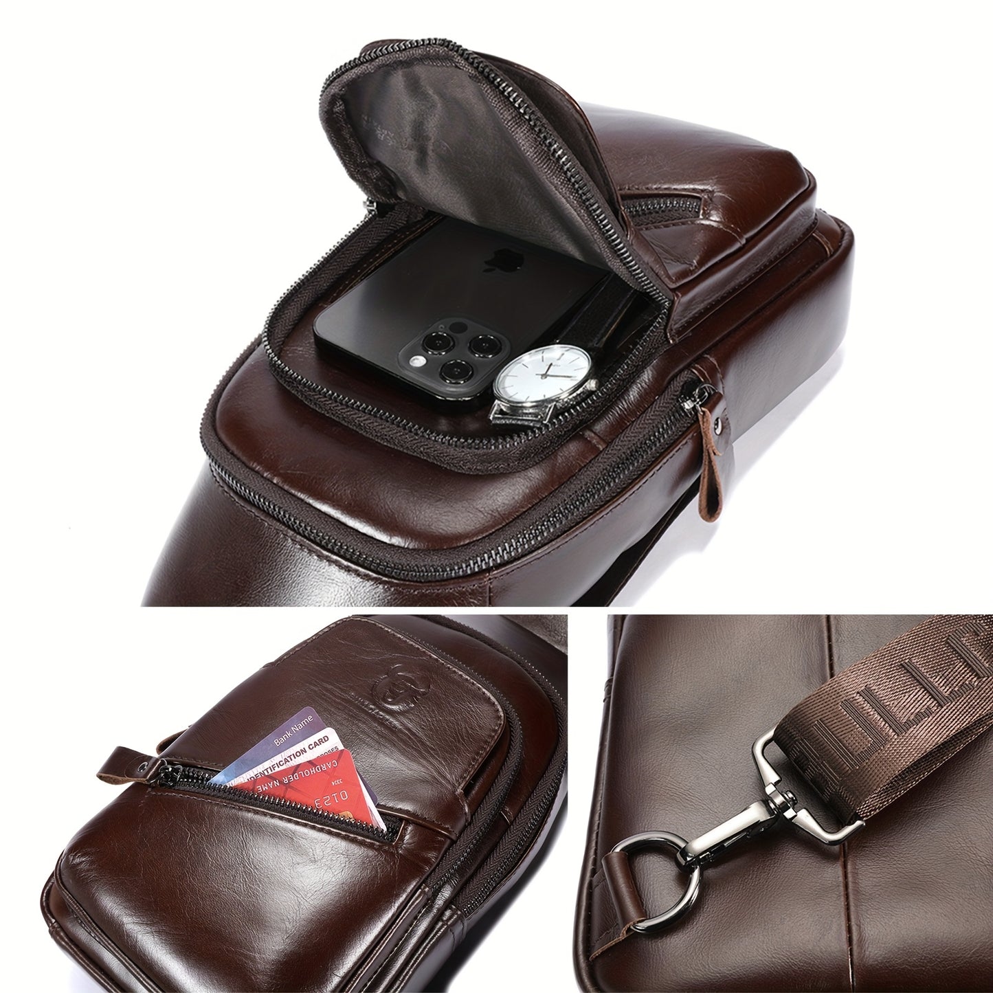 Men's Genuine Leather Sling Bag | Adjustable Crossbody & Chest Pack with USB Charging Port, Multiple Zipper Pockets