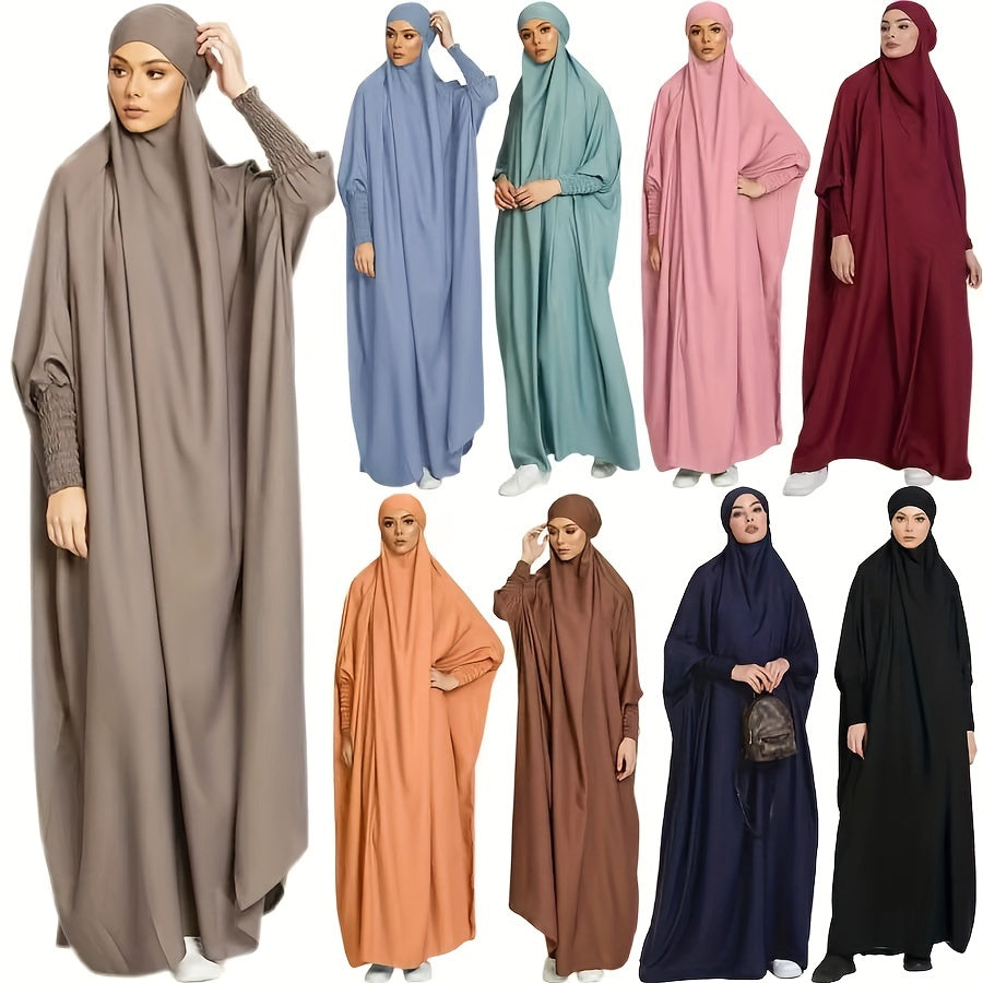 Long Sleeve Solid Color Jibab Abaya - Women's Traditional Arabian Polyester Robe with Tie Back, 95% Polyester 5% Elastane, 135g/m² - Muslim Nida Hijab Dress