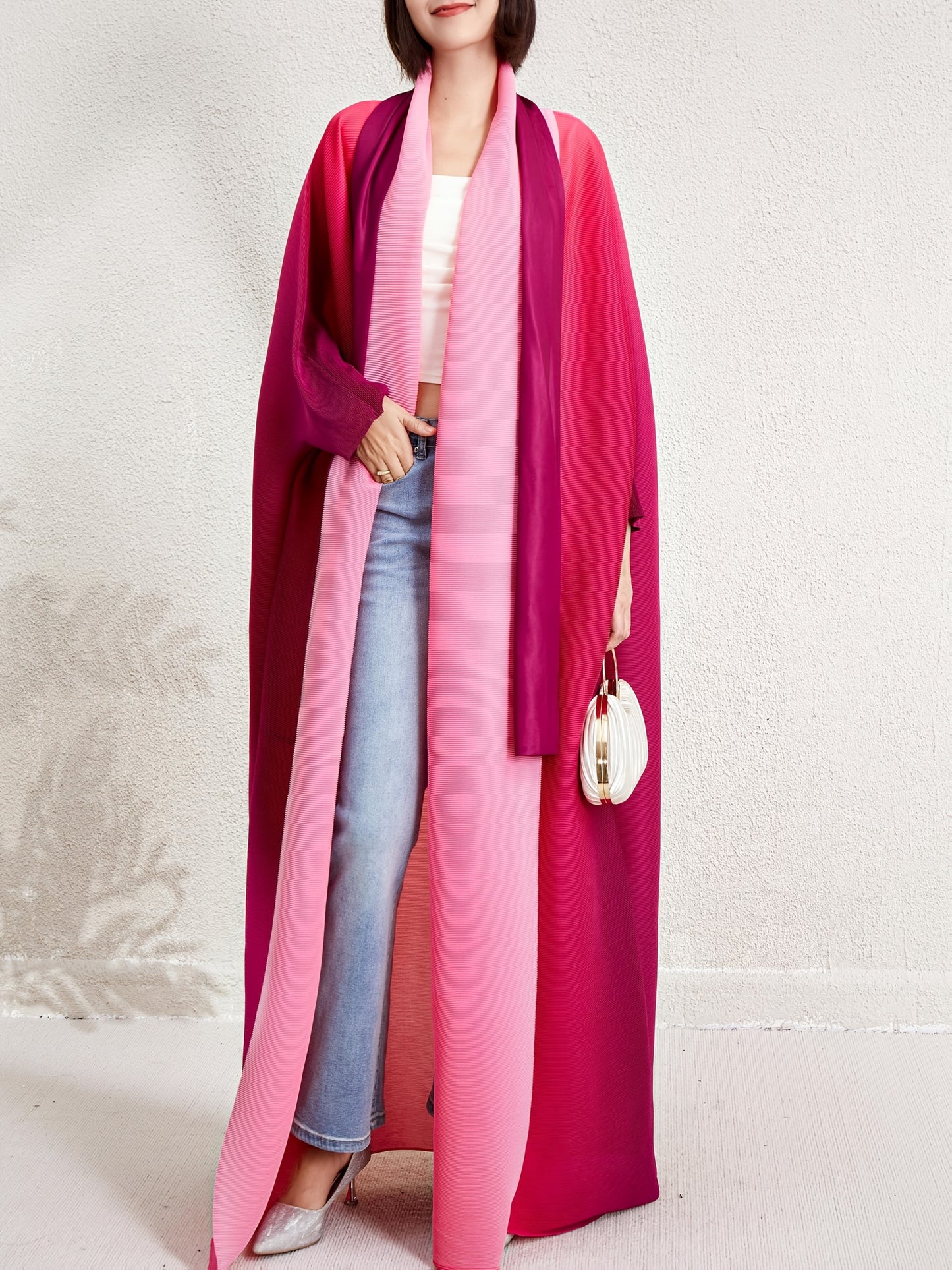 Elegant Plus-Size Gradient Emirati Abaya Robe with Batwing Sleeves - Pink to Purple Transition, Pleated Trench Coat with Lace-Up Detail, High-Stretch Polyester, Machine Washable for Women