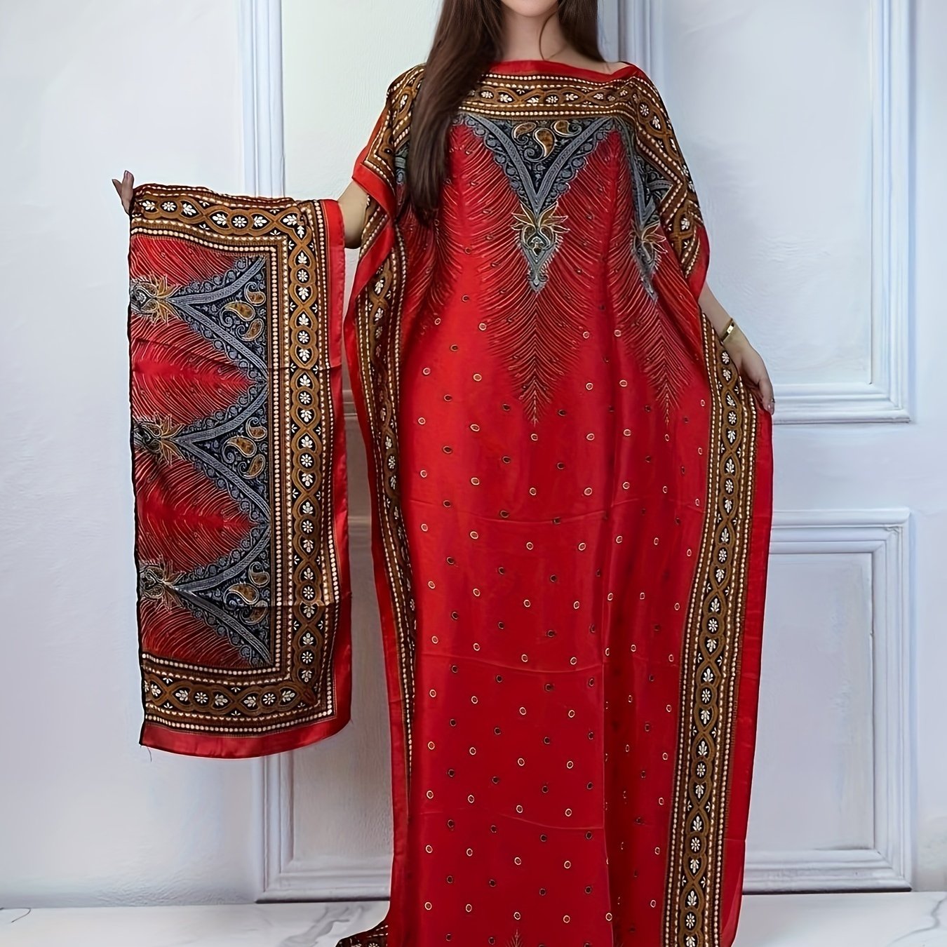 Print Abaya | Women's Clothing | Elegant Short Batwing Sleeve Kaftan | Loose Dress With Scarf | For Spring & Summer