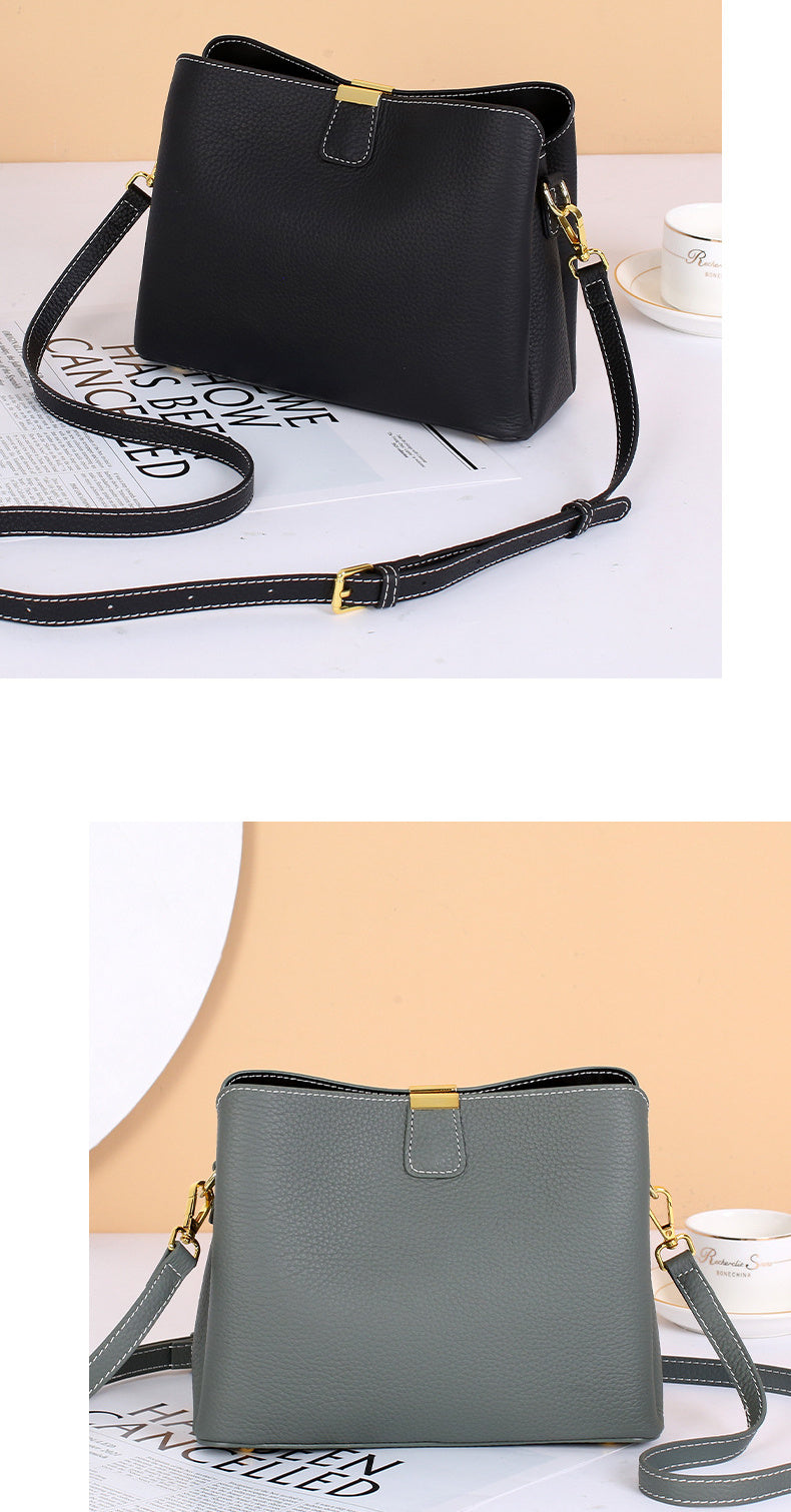2025 New Model, High-End Grey Leather Women'S Handbag, Cowhide Large Capacity Bucket Bag, Versatile Commuting Shoulder Crossbody Bag, Lightweight And Fashionable Daily Bag