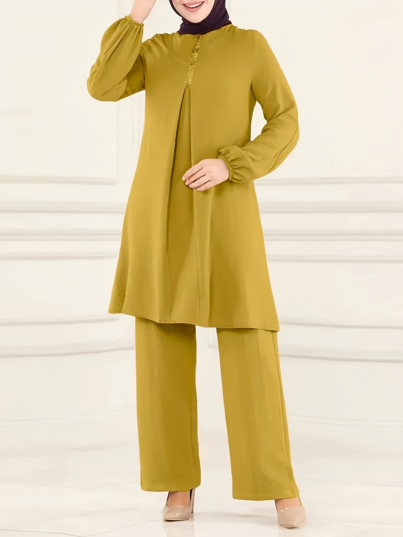 Ramadan Elegant Pure Muslim Two Piece Set, Long Sleeve Round Neck Top and straight-leg Pants Jilbaab Outfits, Women Clothing