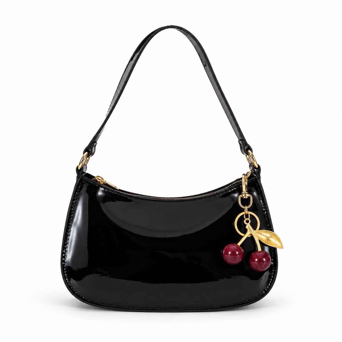 Glossy Black Cherry Charm Shoulder Bag