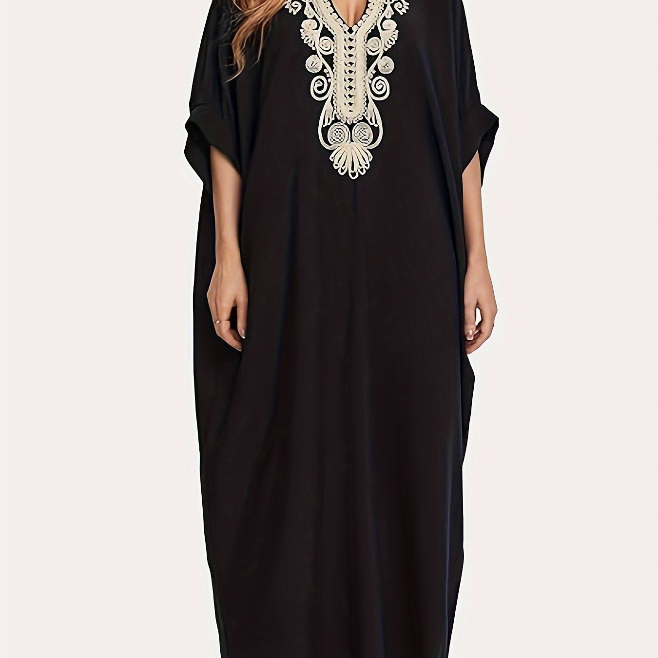 Bsubseach Caftans For Women Plus Size Beach Kaftan Dress Long Swimsuit Cover Up Casual Resort Wear Black Embroidery