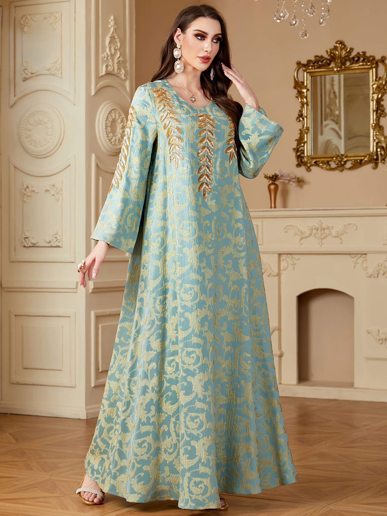 Women's Elegant Middle Eastern-Inspired A-Line Baju Abaya with Floral Appliqu & Beaded Embellishments - Long Sleeve Floor-Length Loose Fit Machine Women's Elegant Middle Eastern-Inspired A-Line Baju Abaya with Floral Appliqu & Beaded Embellishments - Long Sleeve Floor-Length Loose Fit Machine