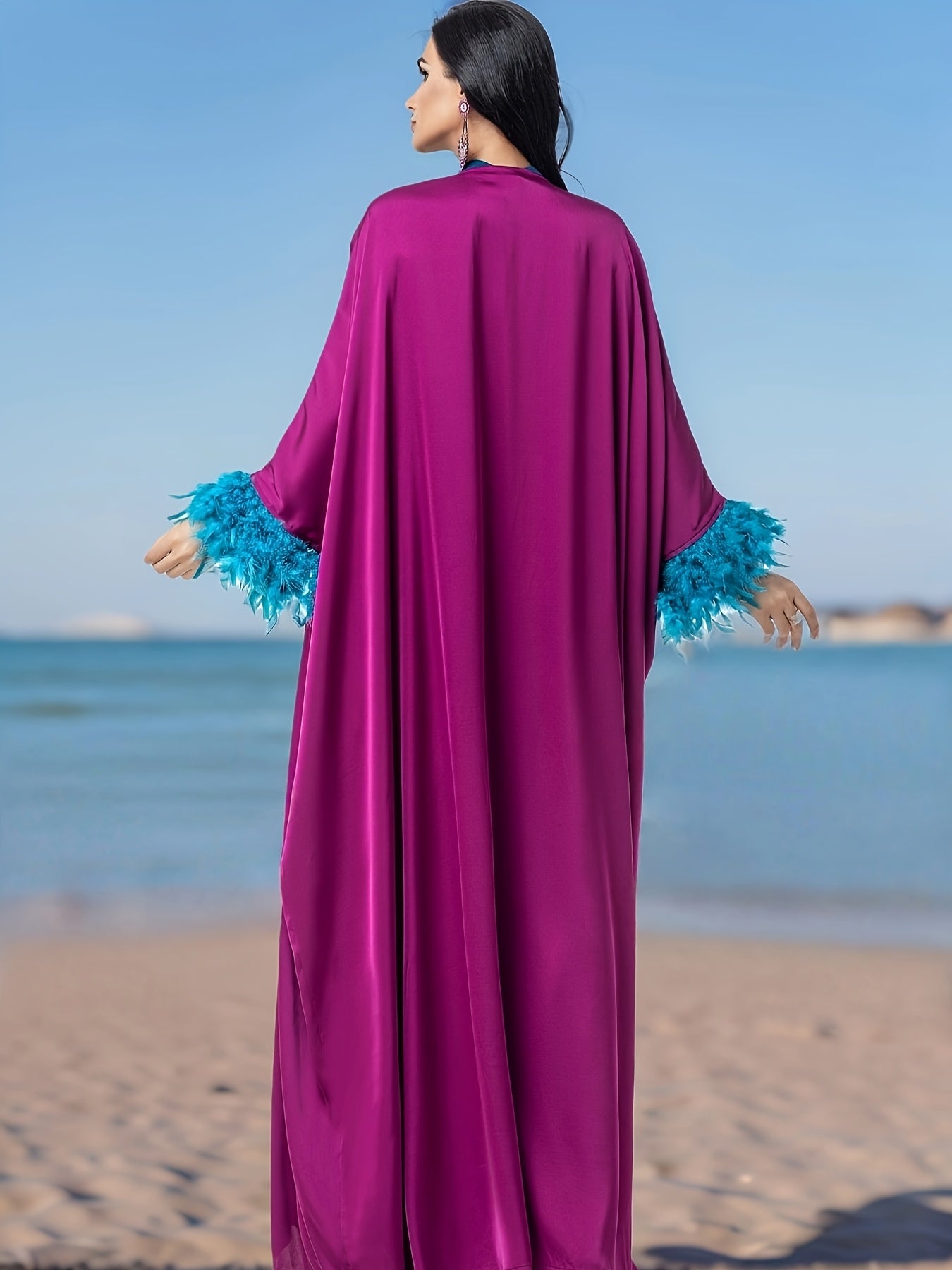Elegant Purple Three-Piece Robe Set with Blue Sleeves and Sequined Collar, Featuring Modern Abaya Gown With Headscarf for an Air of Sophistication