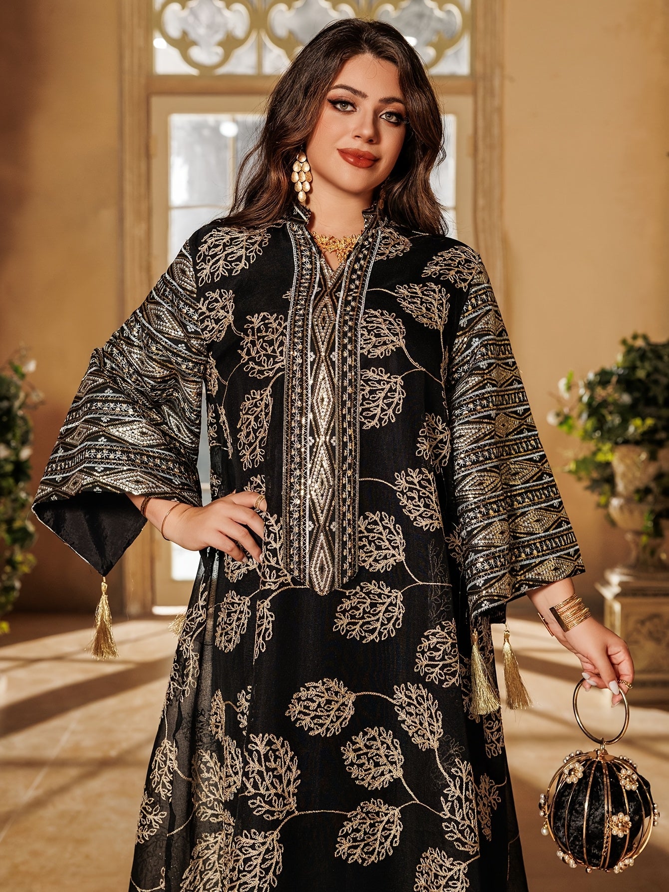 2025 Hot-Selling Black Mesh Embroidered Muslim Robe with Sequin Sleeves, Women's Elegant Kimono Abaya - Arabian Turkish Style for Eid al-Fitr, Travel, Party, and Home Evening Gown