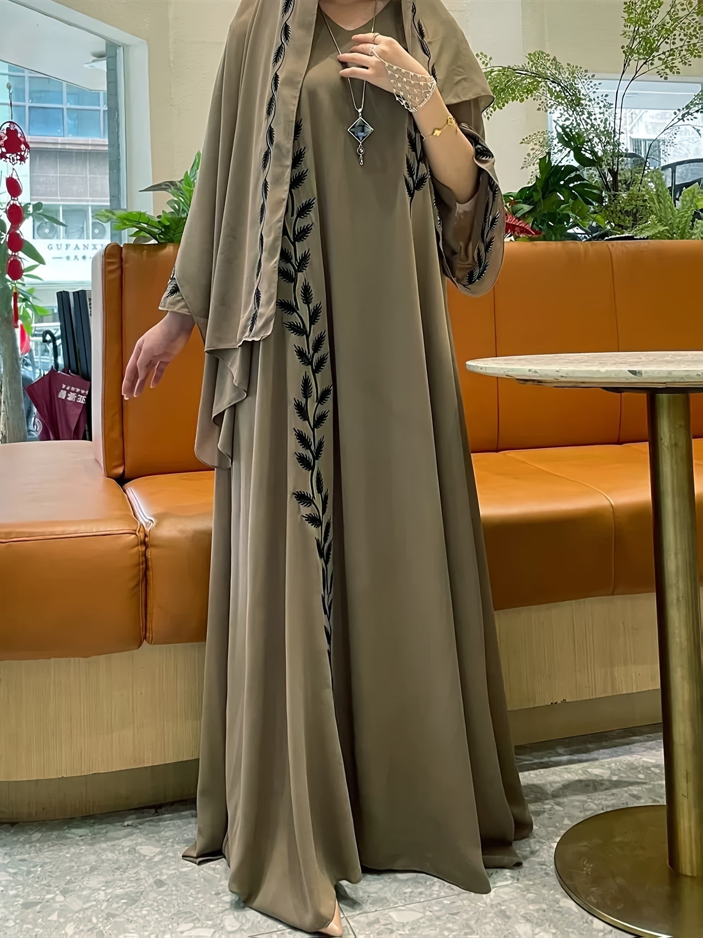 2pcs Set Middle Eastern Ethnic Clothing Fashion Street Chiffon V-neck Embroidery Long Floor-length Arabic Abaya For Women With Headscarf