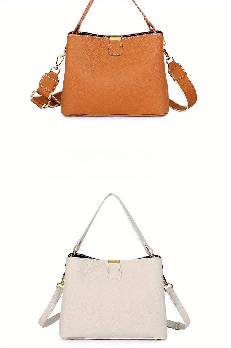 2025 New Model, High-End Grey Leather Women'S Handbag, Cowhide Large Capacity Bucket Bag, Versatile Commuting Shoulder Crossbody Bag, Lightweight And Fashionable Daily Bag