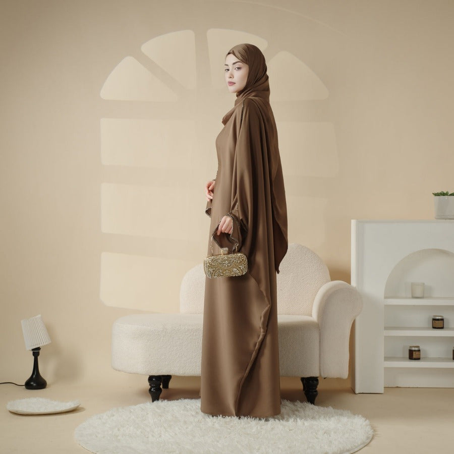 Batwing Emirati Abaya with Matching Hijab | Batwing Sleeve Abaya – Elegant Middle Eastern Arab, Islamic Style Shawl Robe Dress for Women, Long Skirt, Ramadan Prayer Outfit
