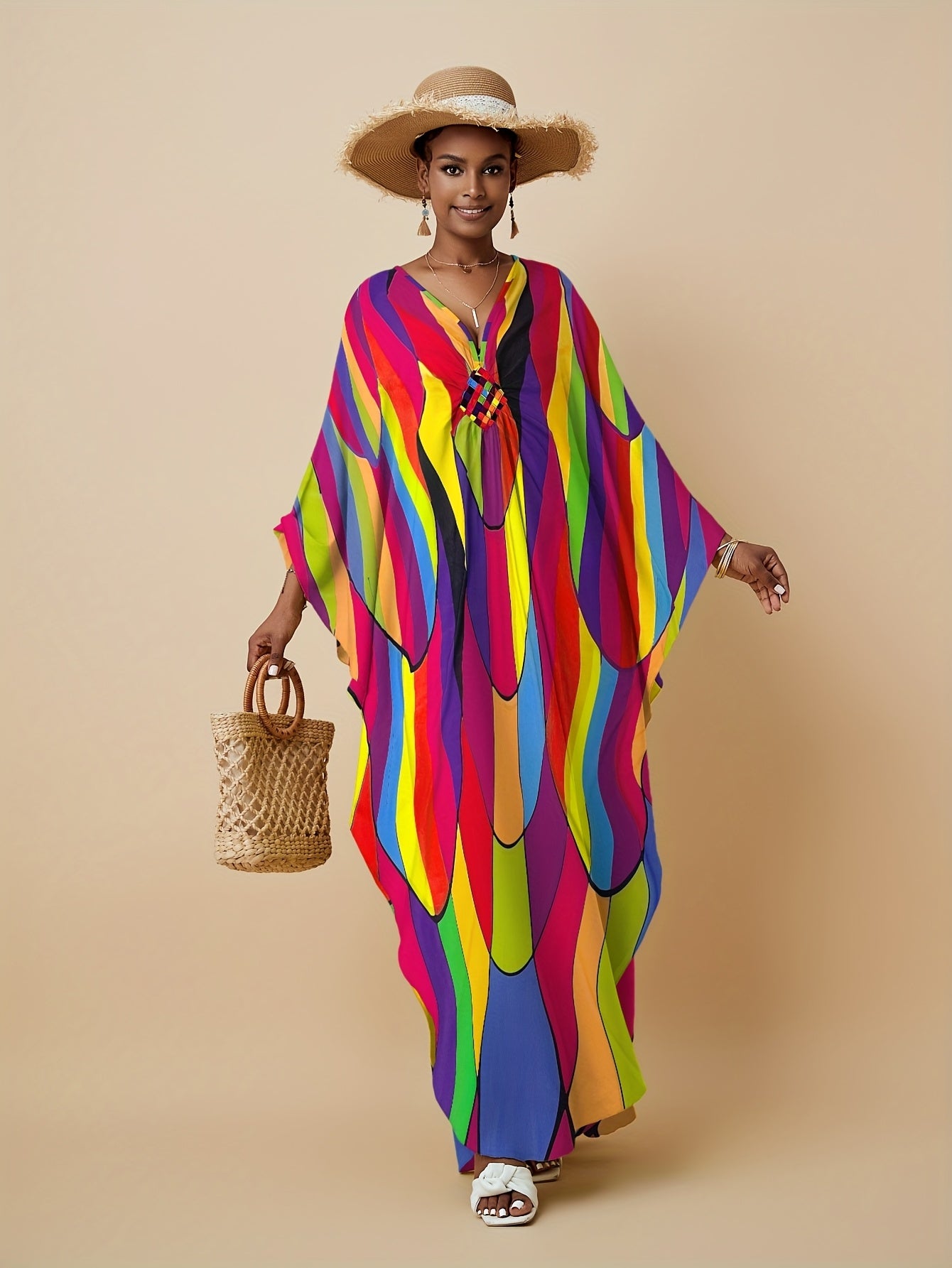 Plus Size, Women's Plus Size Kaftan Dresses Colorful Color Block Patterns Rainbow Prints Ethnic Style Dress Vacation Plus Size Kaftan Robe Beach Cover Up Elegant Kaftan Dress