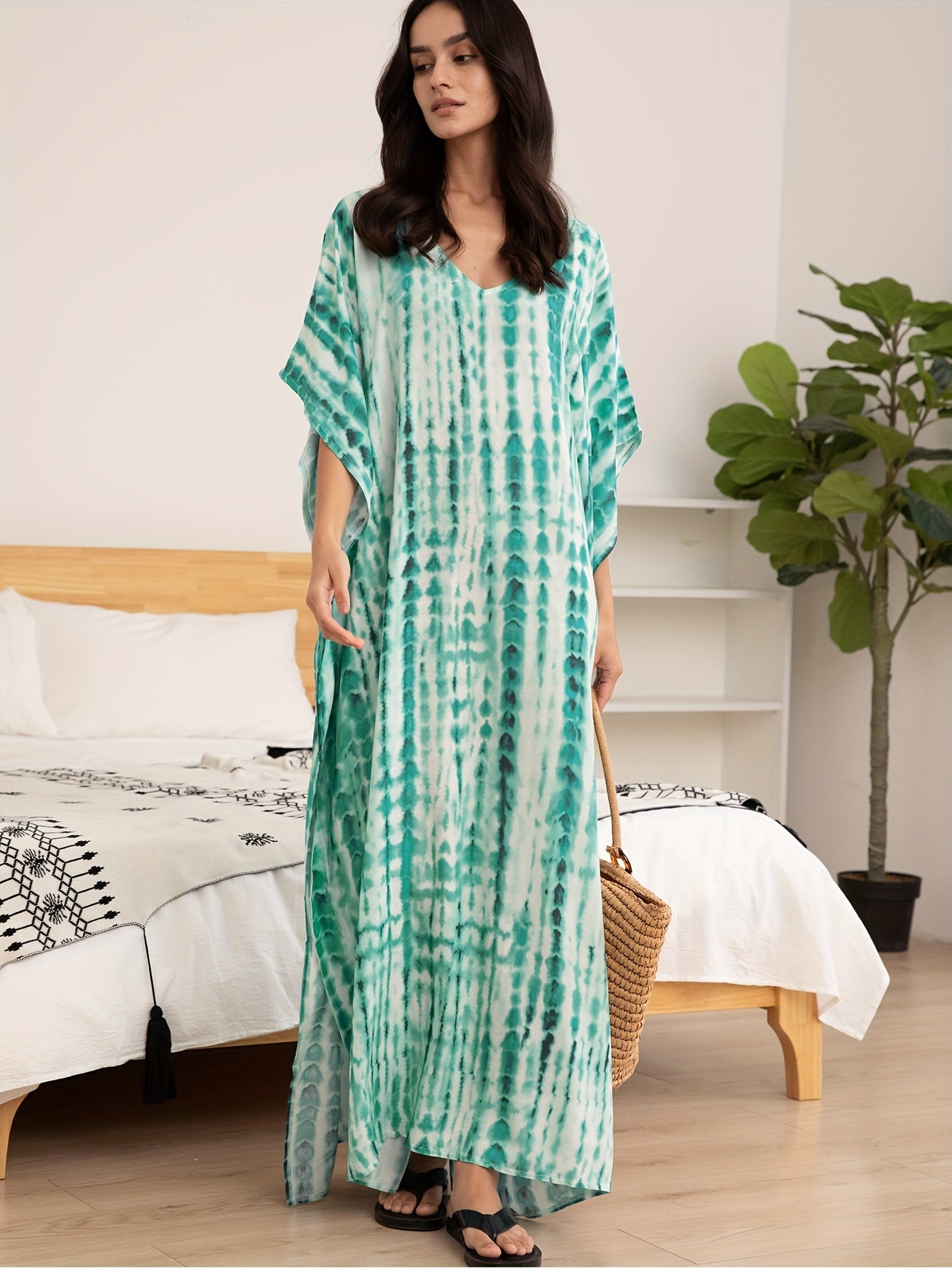 Kaftan Dress Striped Print Beach Cover Up Side Split Long Robe for Leisure Vacation Multicolor Beach Kaftan V-neck Halo Dyed Flower Long Dress Plus Size Bating Sleeve Half Sleeve Home Vacation Dress