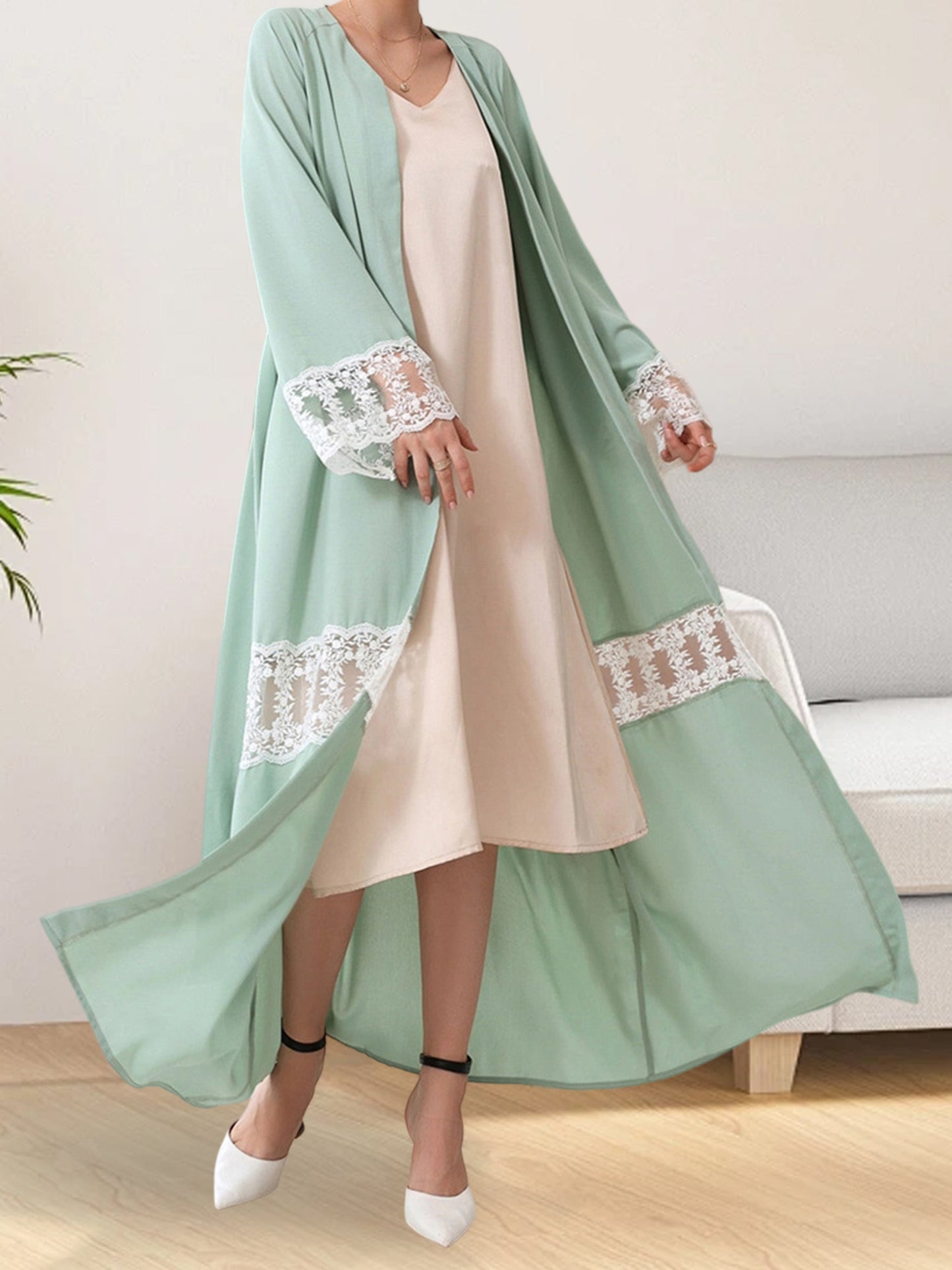 Women Open Palestinian Abaya Elegant Lace Patchwork V-Neck Long Sleeves Islamic Prayer Dresses Robe with Belt Casual Arabic Dresses