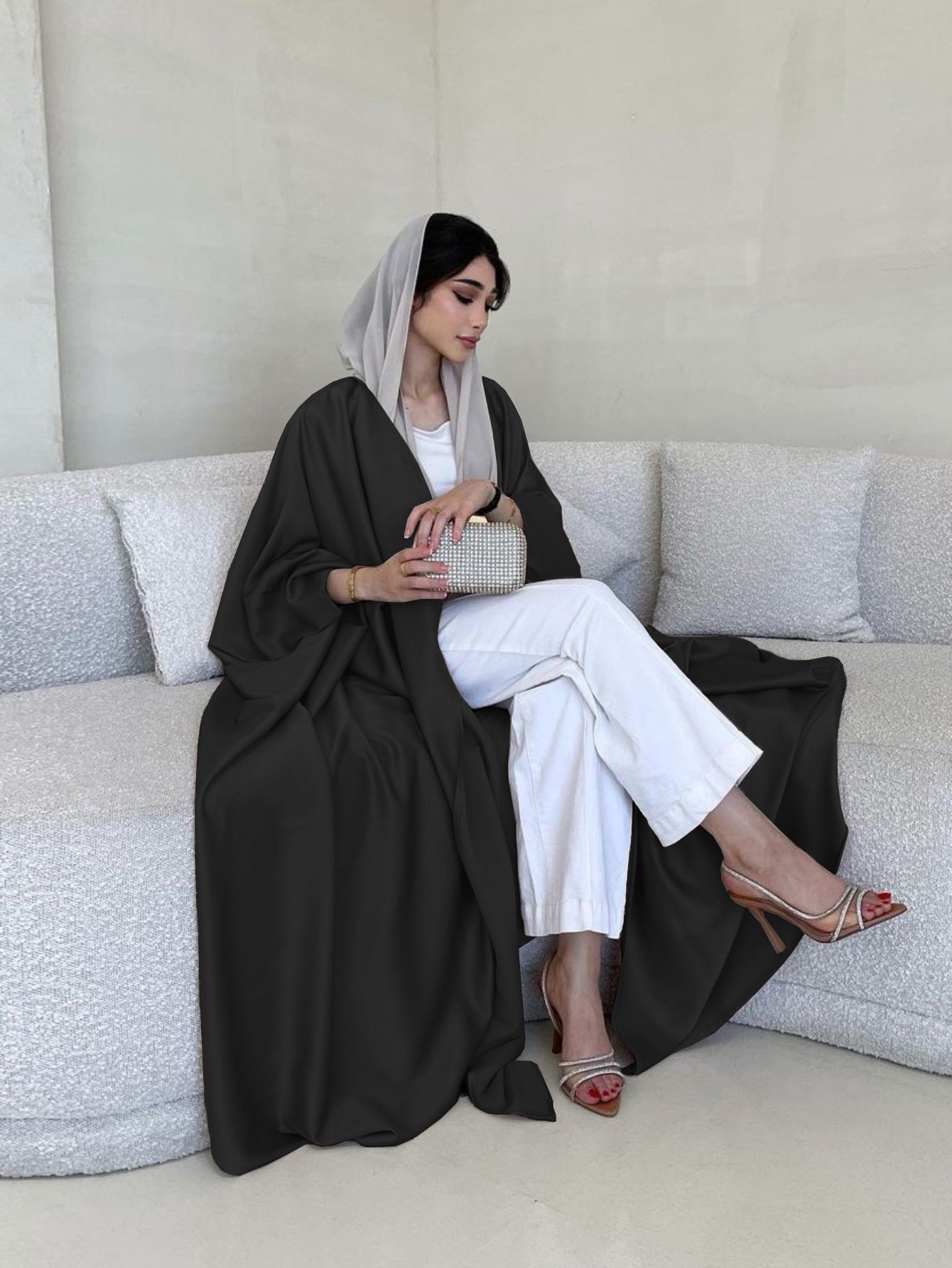 Elegant Middle Eastern Muslim Women's Long Sleeve Abaya Dress - Soft Lightweight Non-Stretch Fabric with Adjustable Waist Belt, Floor-Length Modest Robe for Spring/Summer, Hand Wash Only