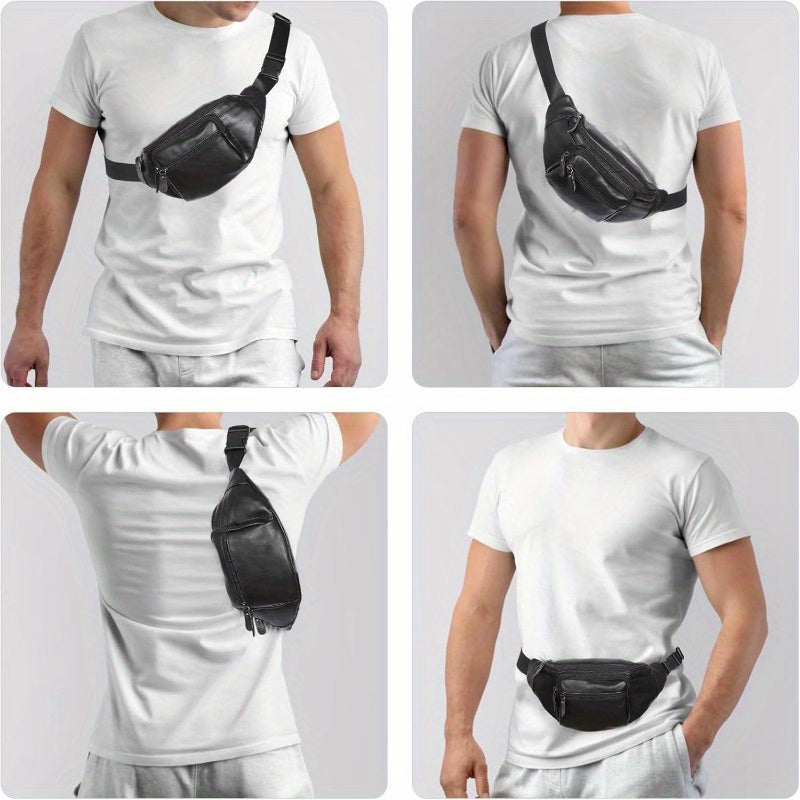 Genuine Napa Leather Cowhide Fanny Pack Belt Bag Organizer - Adjustable Strap up to 48", Multiple Zippered Compartments, Compact 10x5 Inch