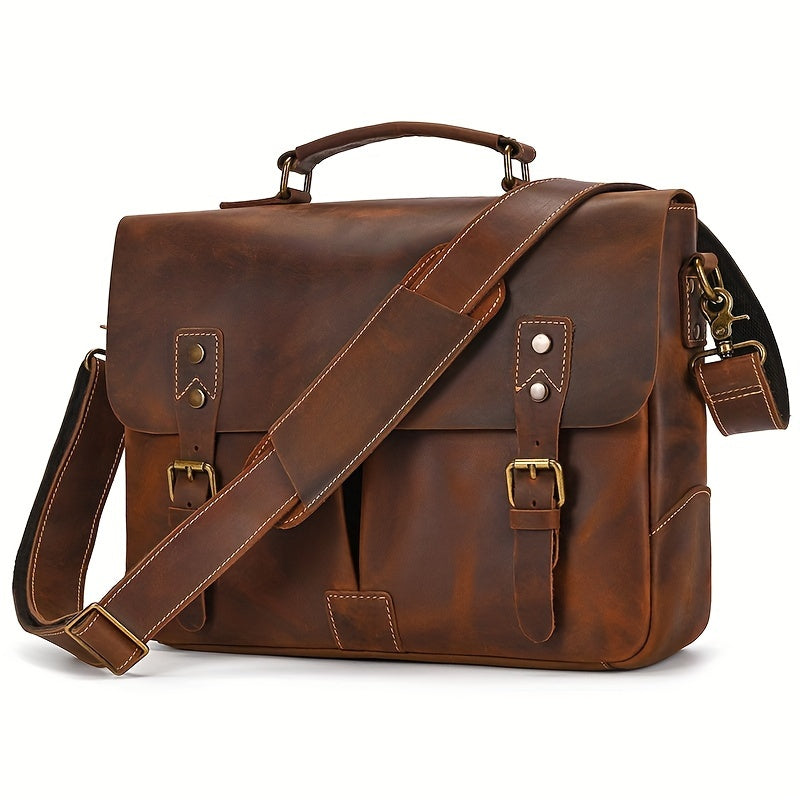 Vintage Men Leather Briefcase Bag Mad Horse Leather 1516 Inch Cowhide Commuter Bag Leather Shoulder Bag Laptop Bag