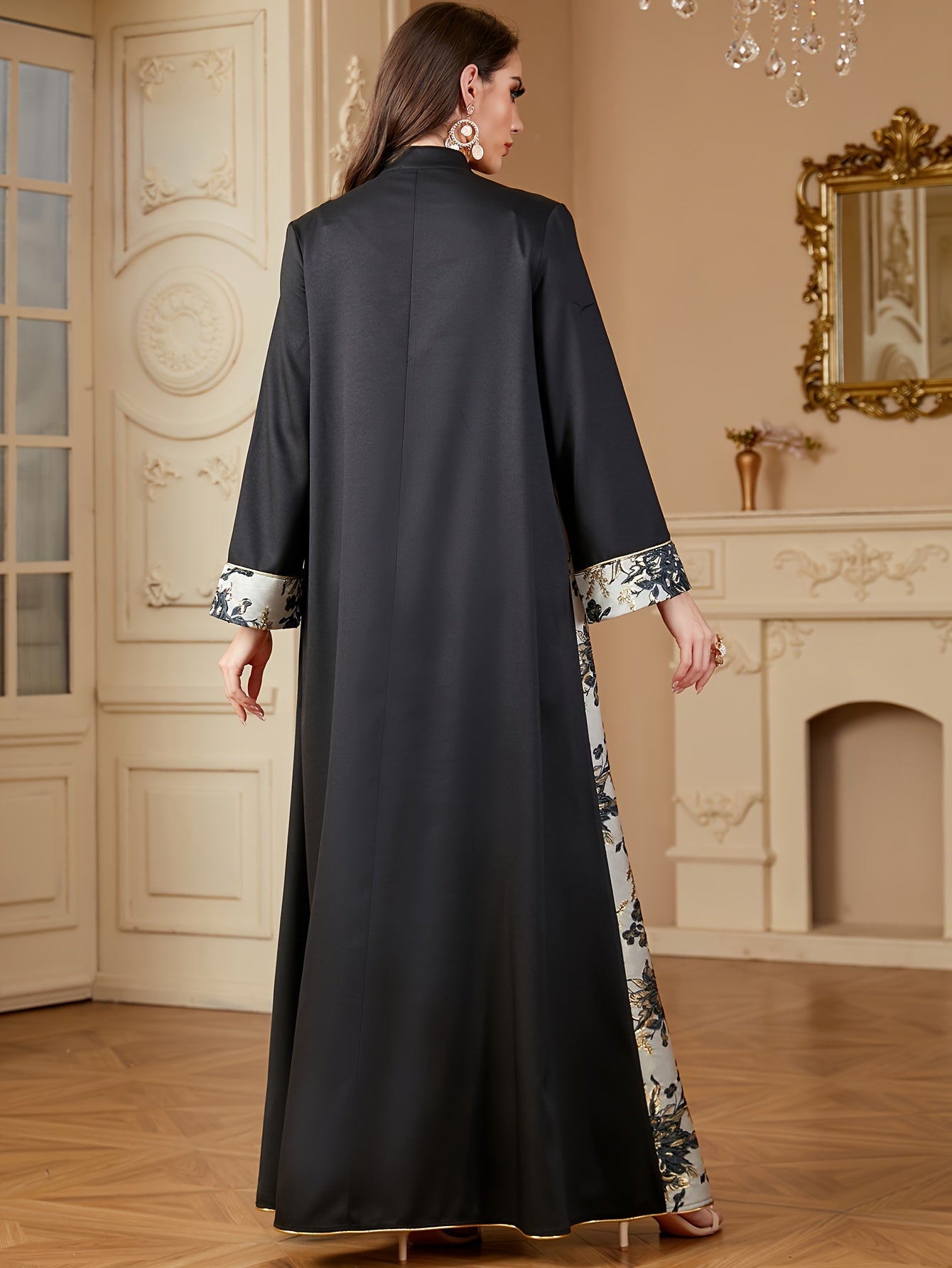 Polyester Long Sleeve A-Line Modern Abaya, Color Block Pattern, Contrast Sequin Design, Non-Stretch Fabric, Woven, 130g/m², with Asymmetrical Hem, for Muslim Women