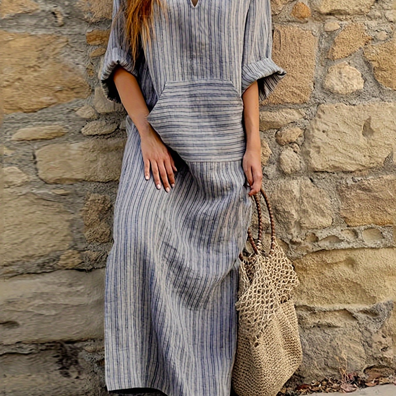 Women's Loose Dresses Striped V Neck Caftans 3/4 Sleeve Casual Loose Maxi Beach Dress with Pockets