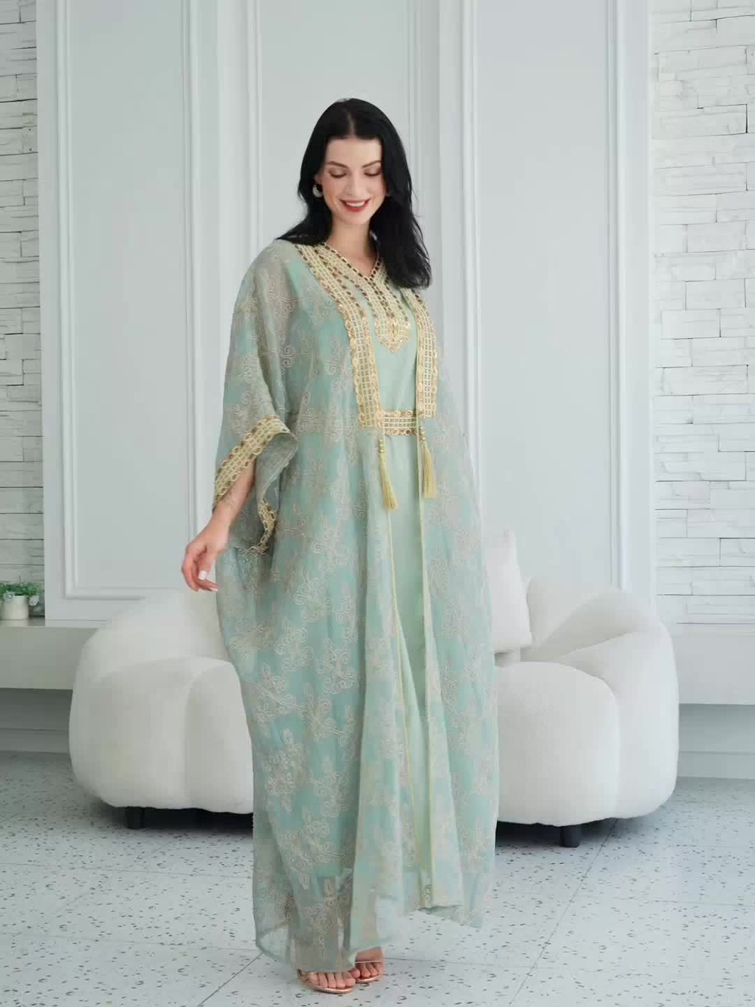 Oriental Style Sequined Lace Two-Piece Mesh Emirati Abaya Dress for Women, Middle Eastern Traditional Long Robe