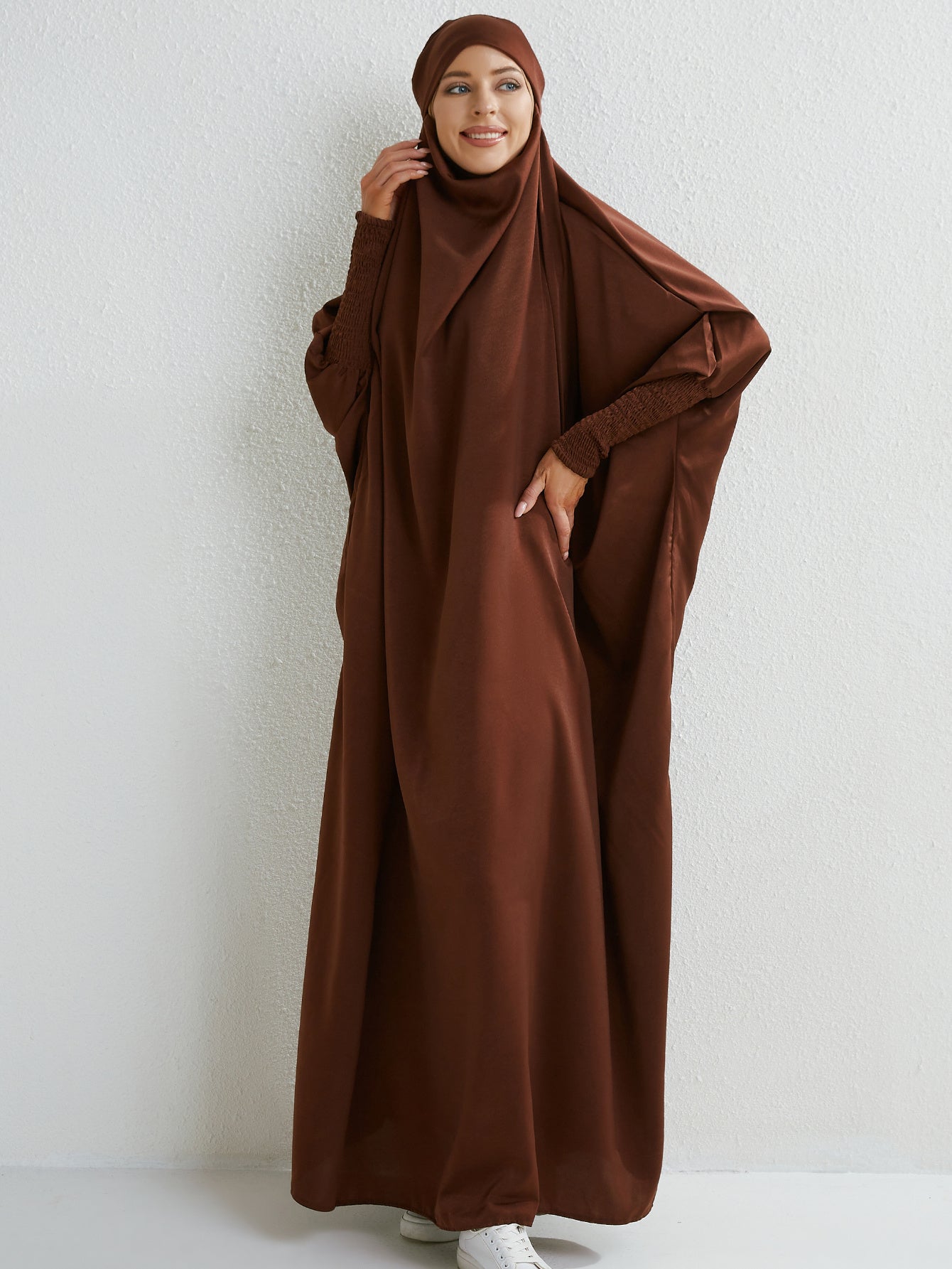 Elegant Loose-Fit Abaya Robe with Built-In Headscarf - Modest Ramadan Prayer Dress, Long Sleeve Butterfly Cuff Traditional Middle Eastern Full-Length Cover Dress, Solid Color Machine Washable, Religious Attire, Allseason Wear