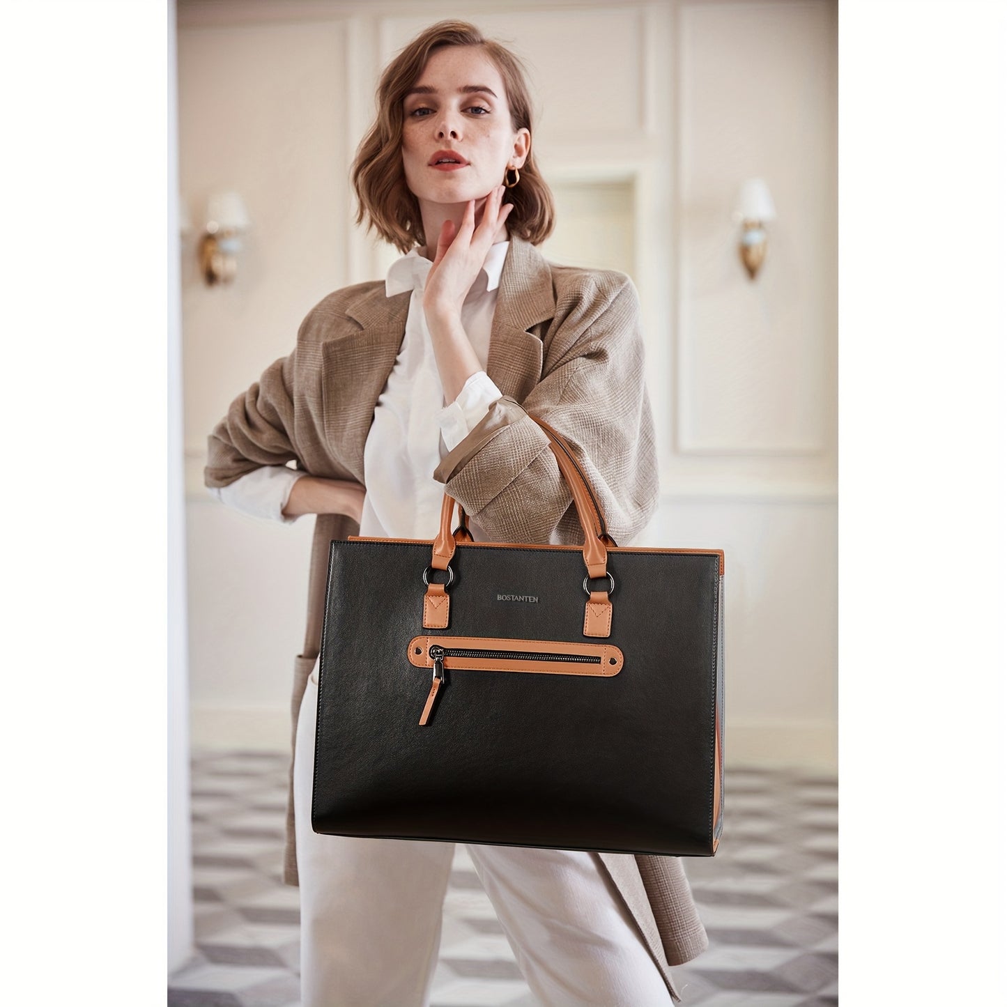 Leather Laptop Briefcase For Women Shoulder Bag 15.6 Inch Business Computer Tote Bag